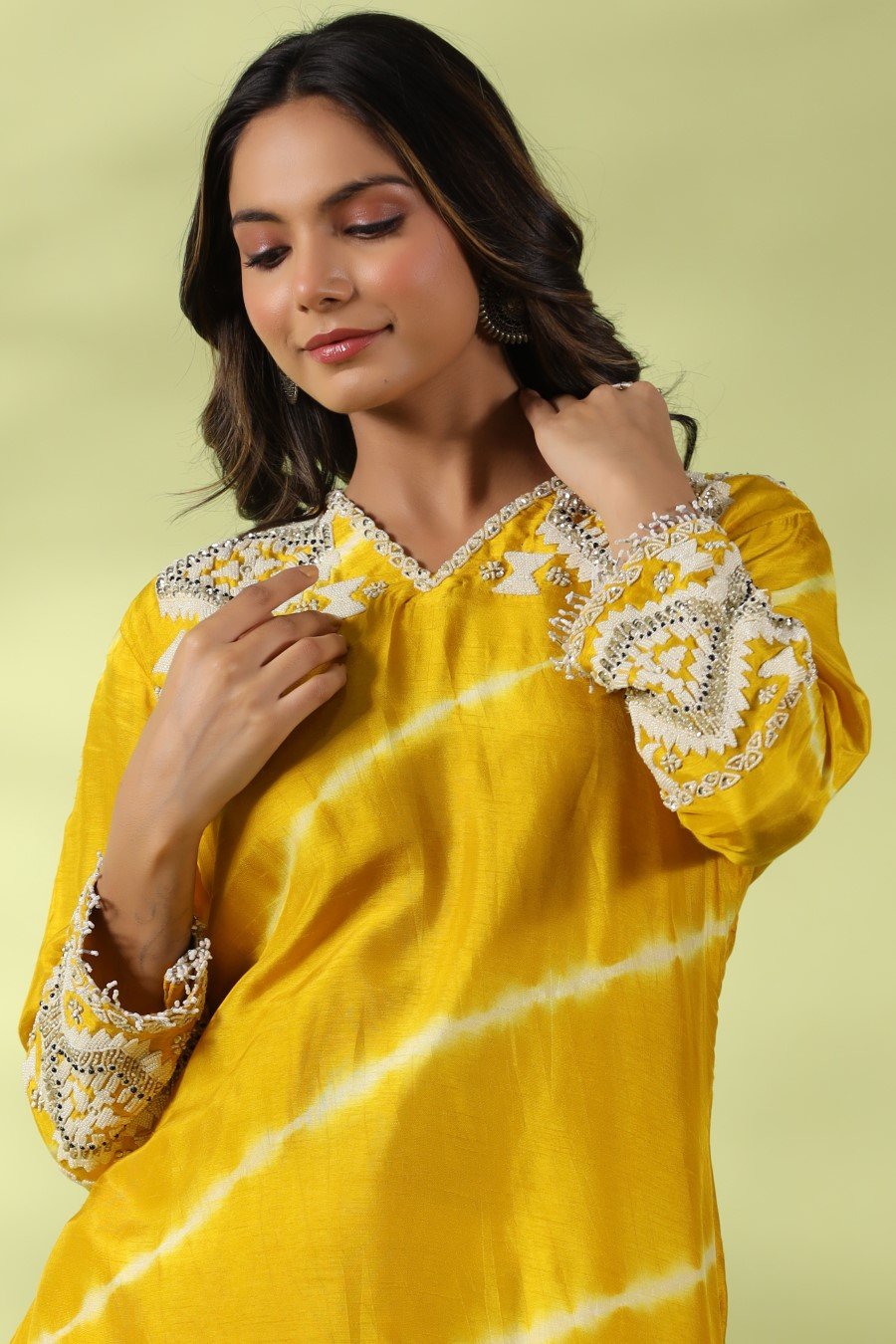 Yellow Tie-dyed &amp; Embroidered Asymmetrical Kurta with Palazzo