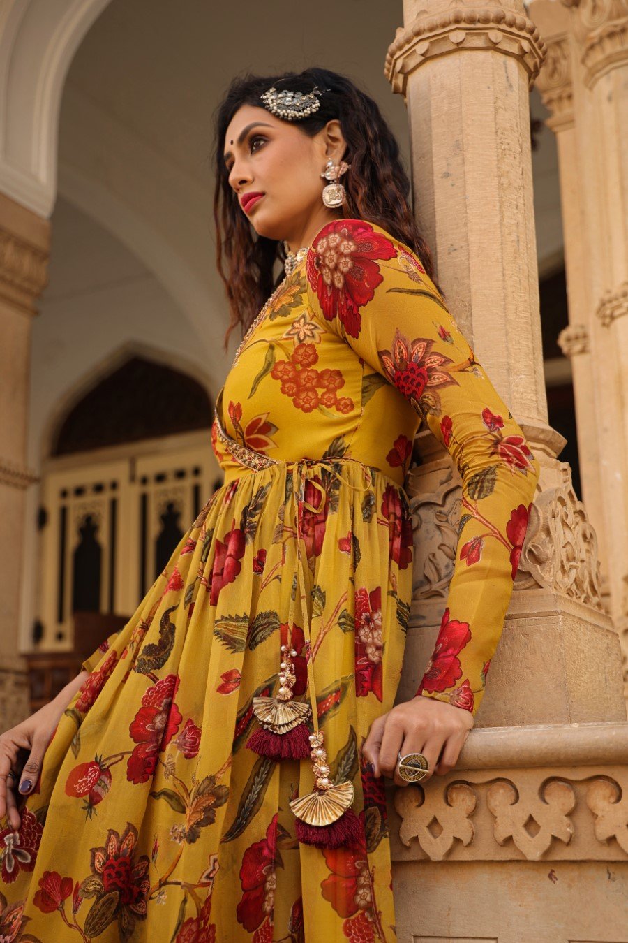 Mustard Floral Angrakha Georgette Silk Gown