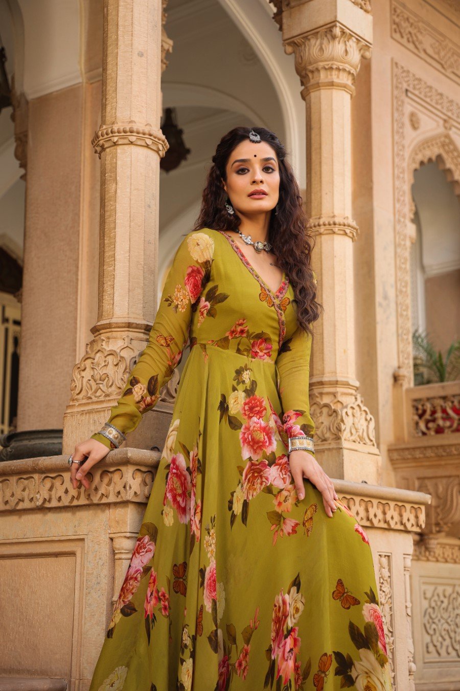 Spring Green Floral Printed Angrakha Gown