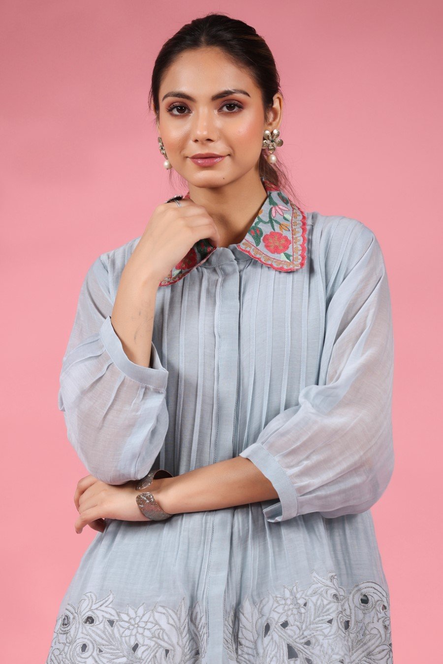 Pastel Blue Chanderi Silk Embroidered Co-ord Set