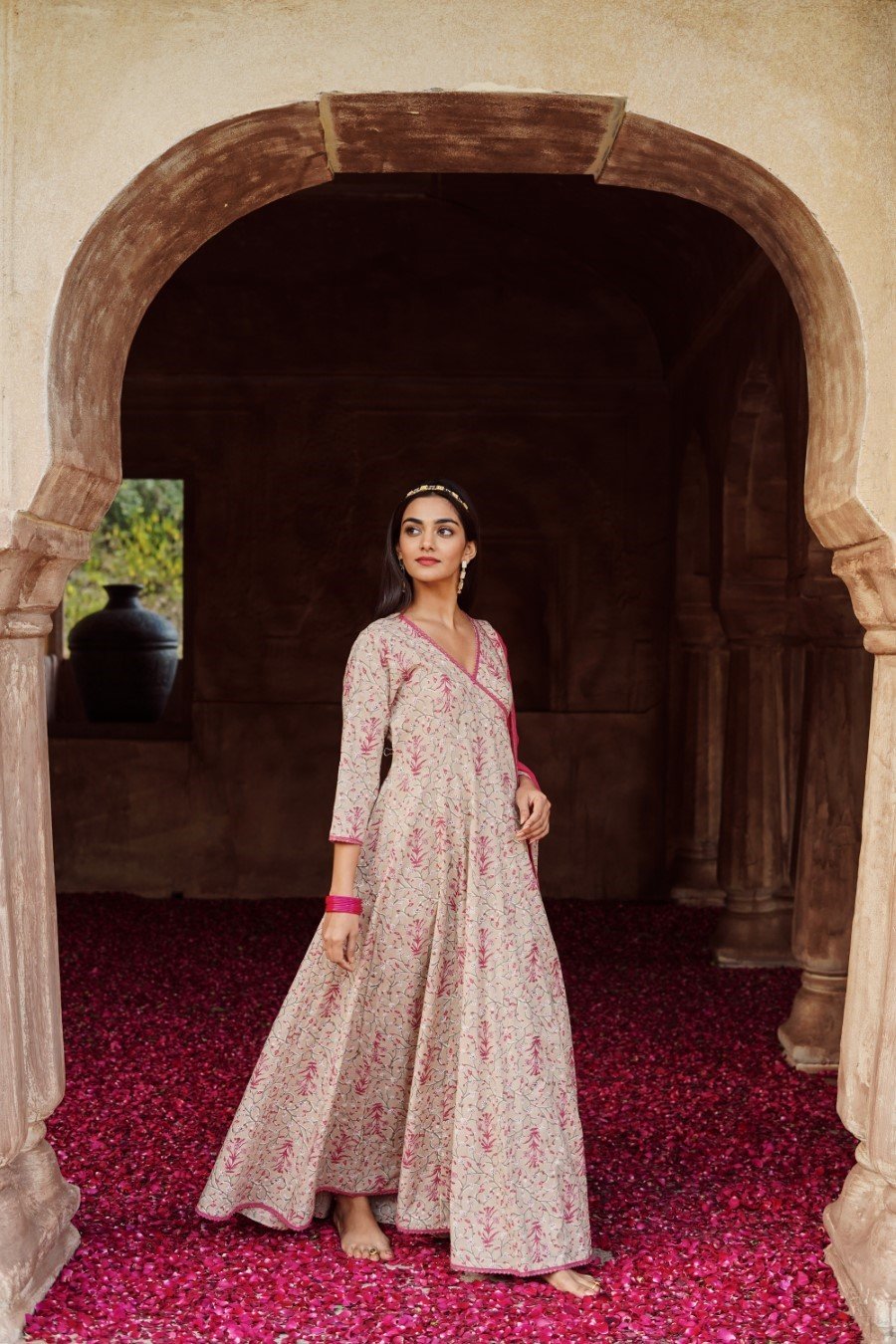 Soft Pink Printed Angrakha Set with Dupatta