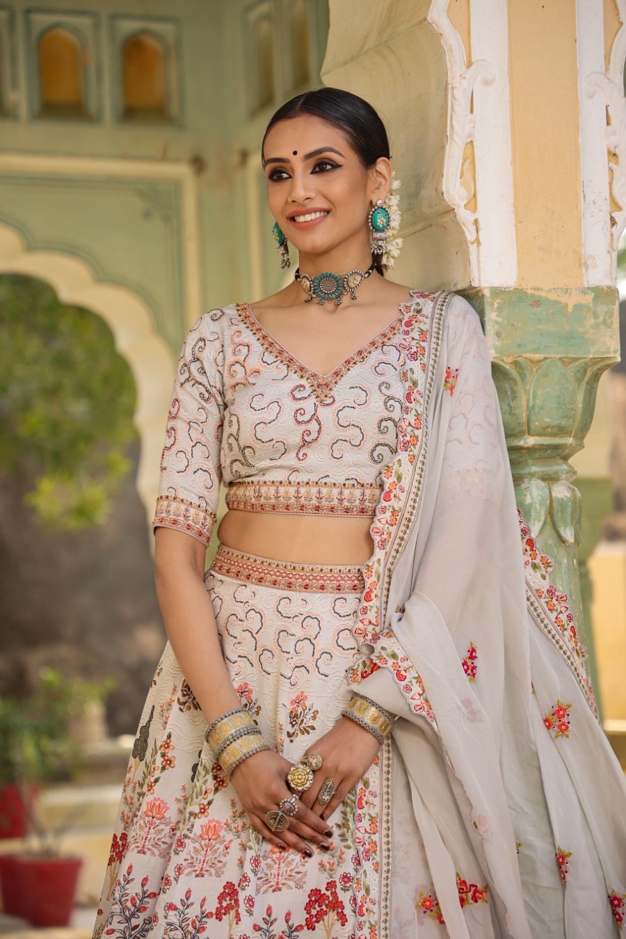 Ice Blue Mughal Raw Silk Lehenga Set