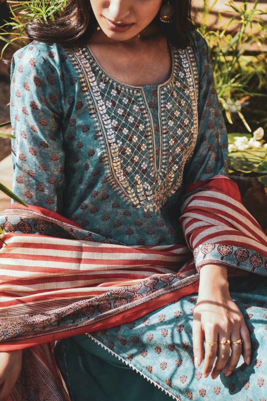 Turquoise Embroidered Chanderi Silk Kurta Set