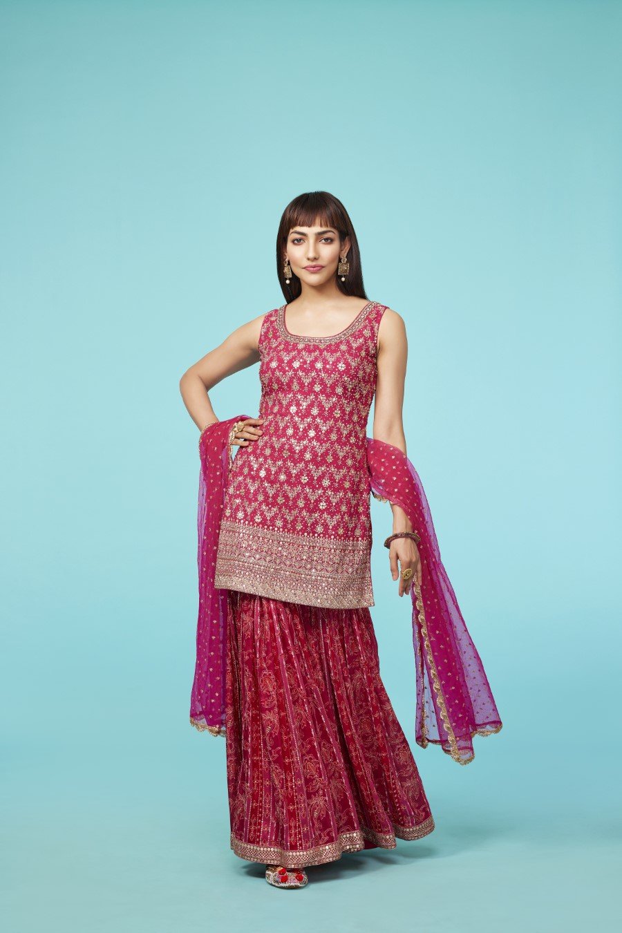 Crimson Pink Ethnic Embroidered Sharara Set