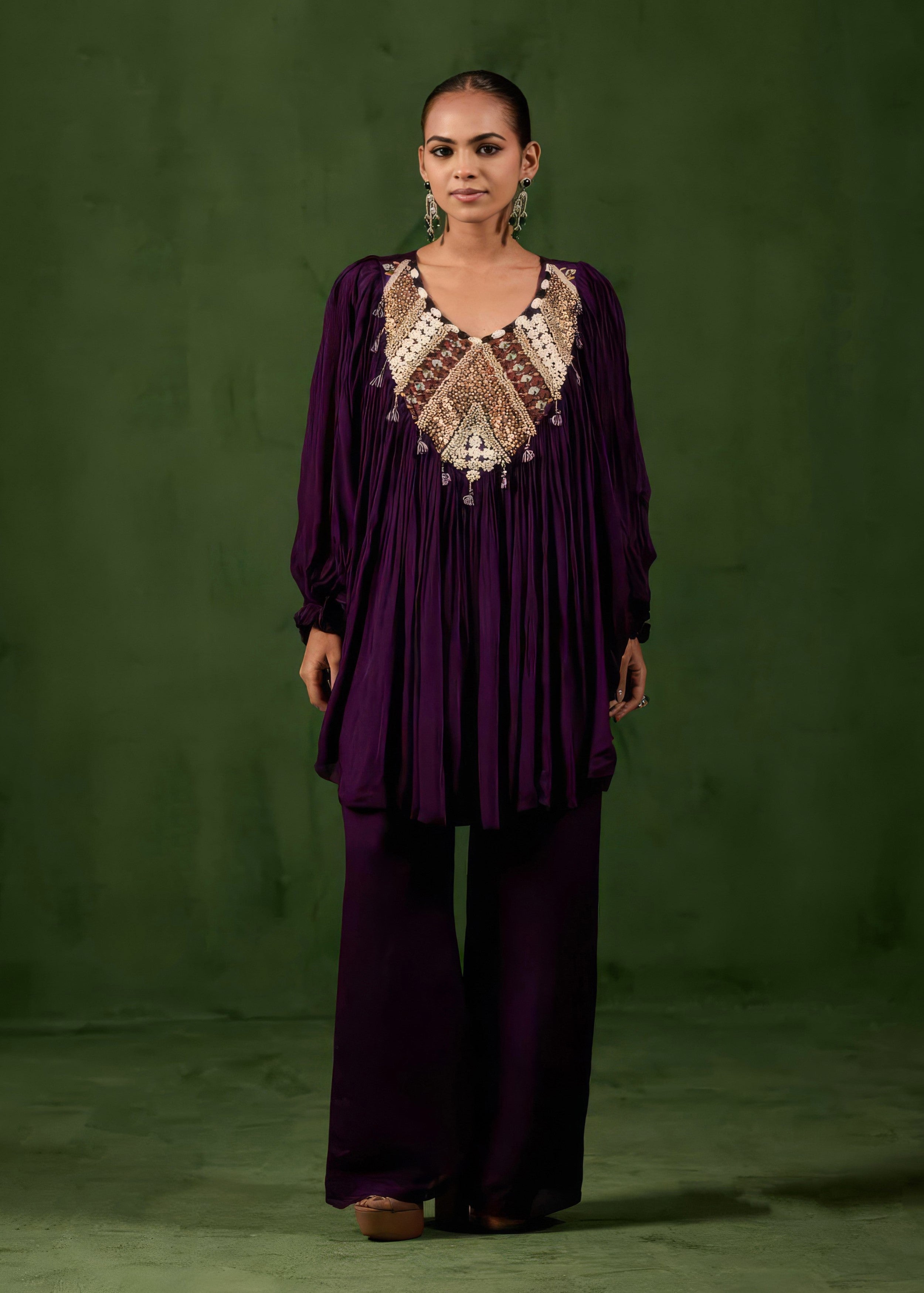 Dark Purple Embellished Chinon Silk Kaftan Set