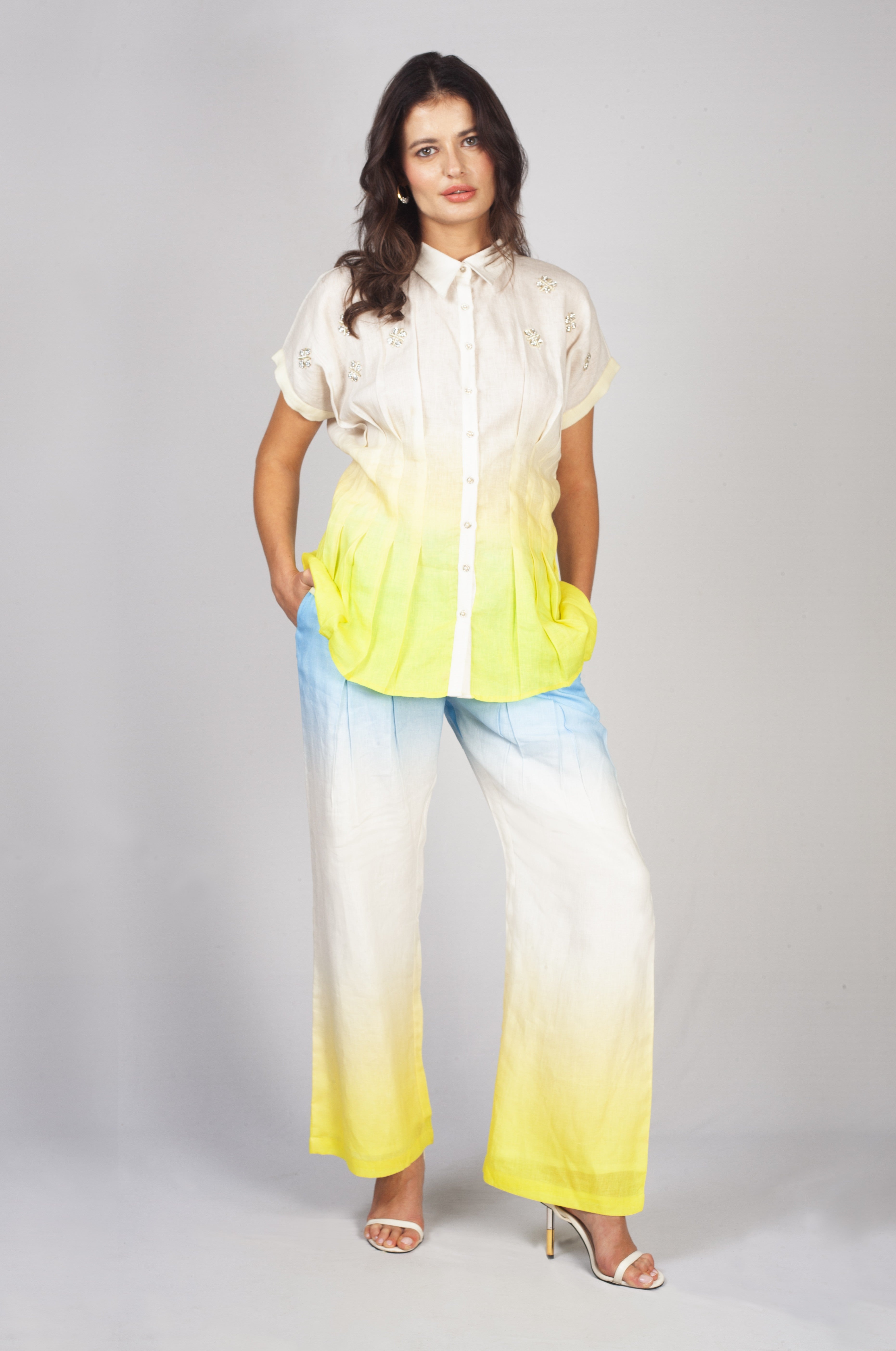 Citrus Ombre Embellished Linen Co-Ord Set