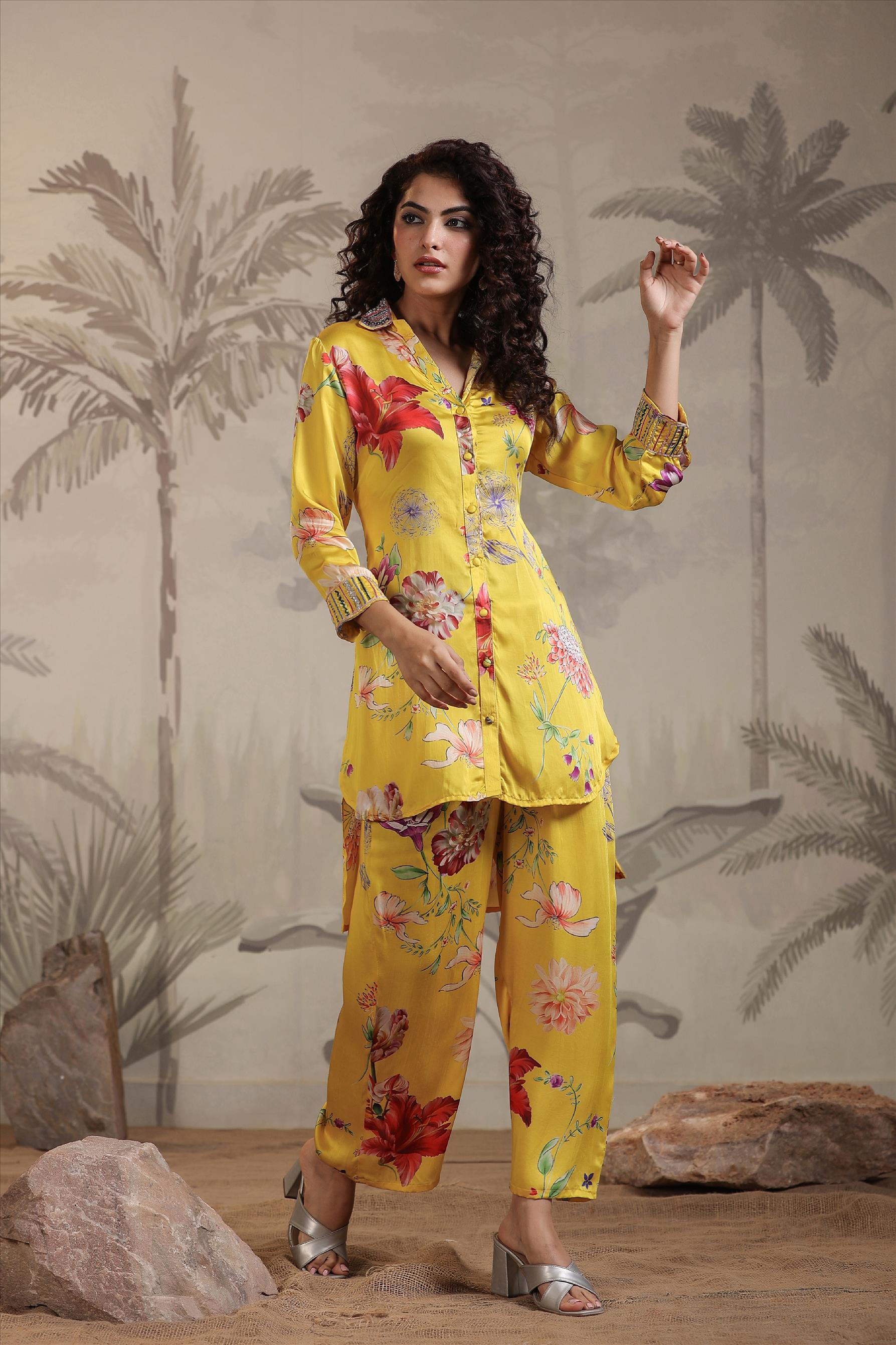 Yellow Floral Printed Satin Silk Co-Ord Set