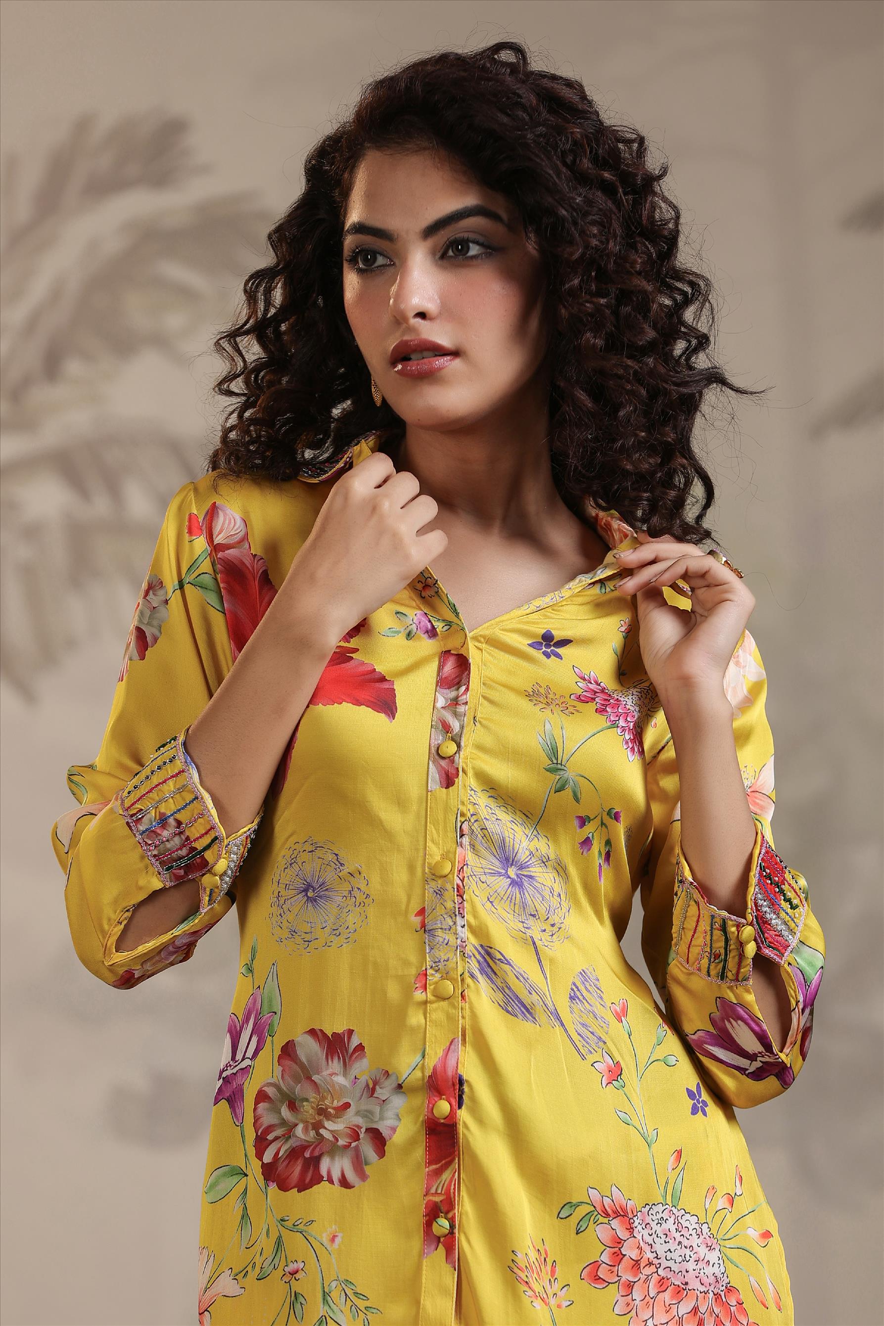 Yellow Floral Printed Satin Silk Co-Ord Set