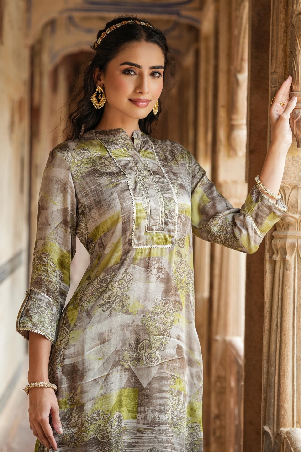 Grey Gota Embellished Satin Silk Pathani Suit Set