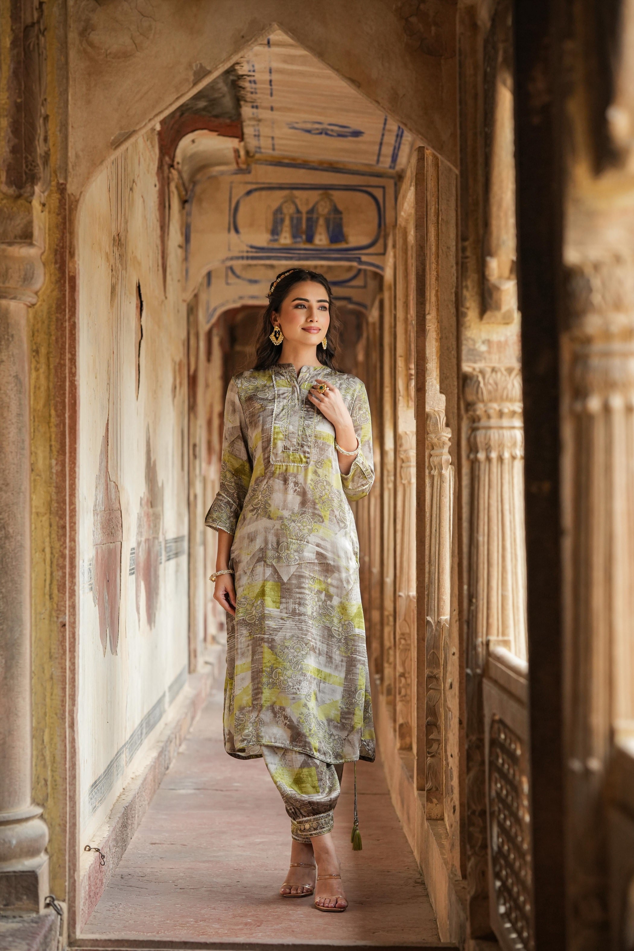 Grey Gota Embellished Satin Silk Pathani Suit Set