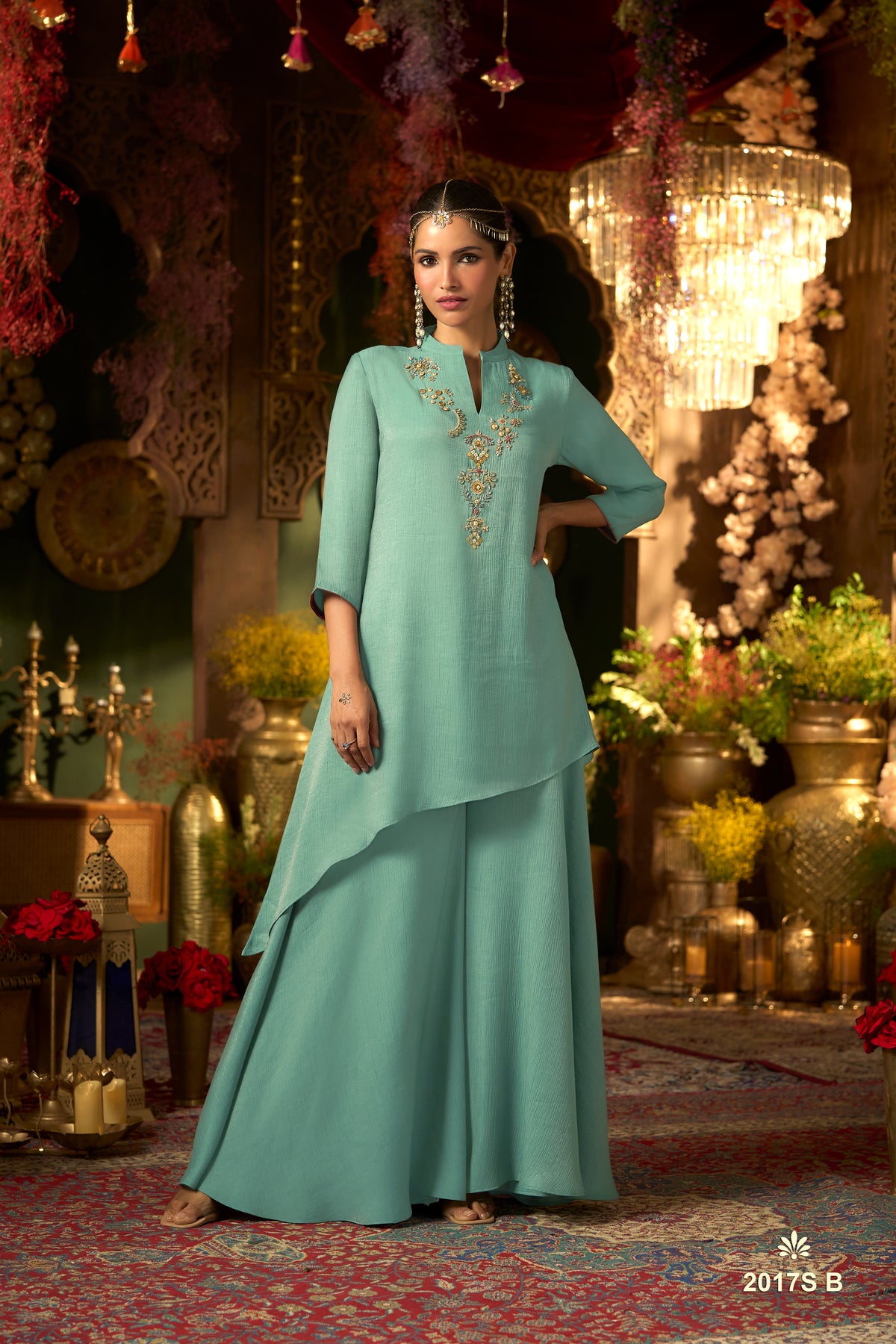Aqua Green Embellished Shimmer Silk Palazzo Set