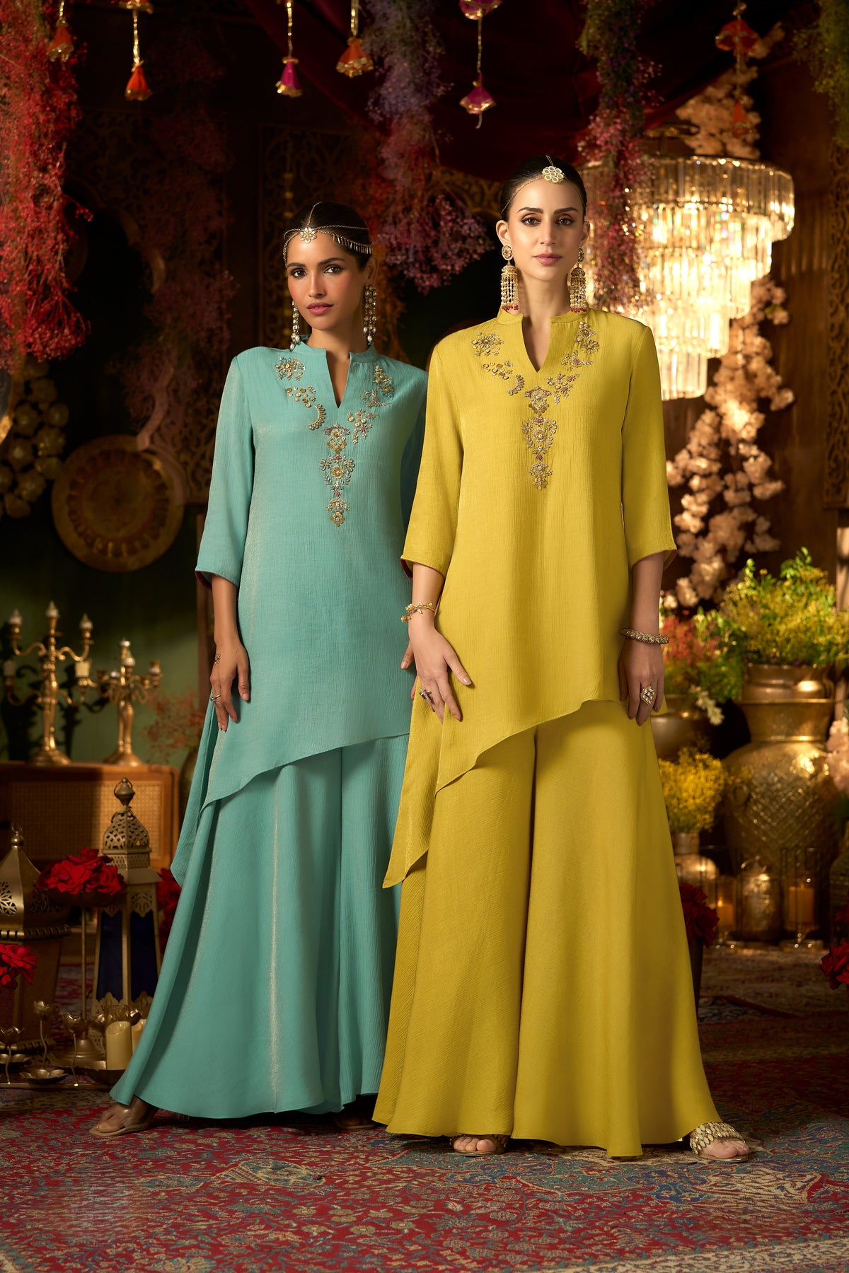 Aqua Green Embellished Shimmer Silk Palazzo Set
