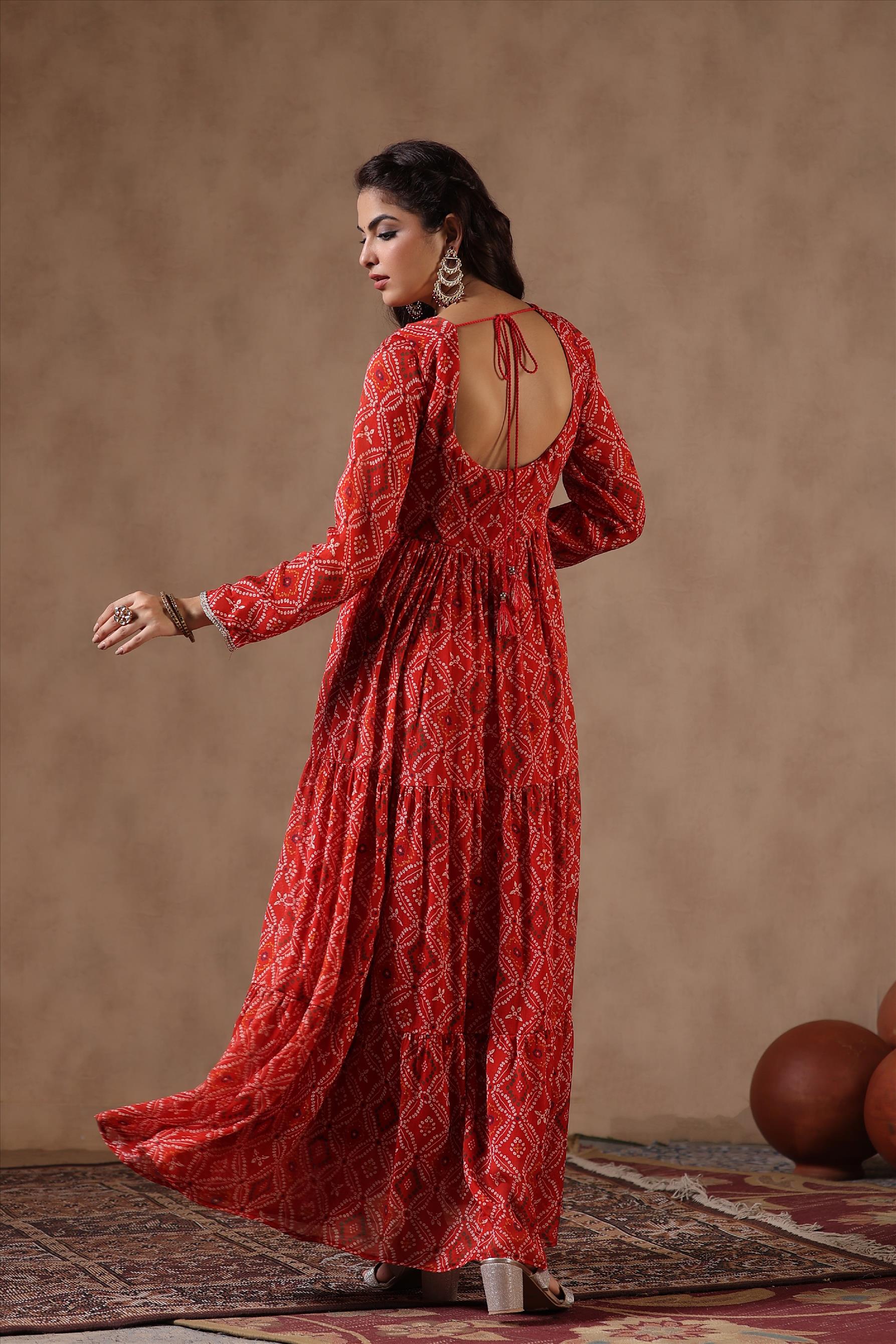 Red Bandhani Printed Chinon Silk Gathered Gown