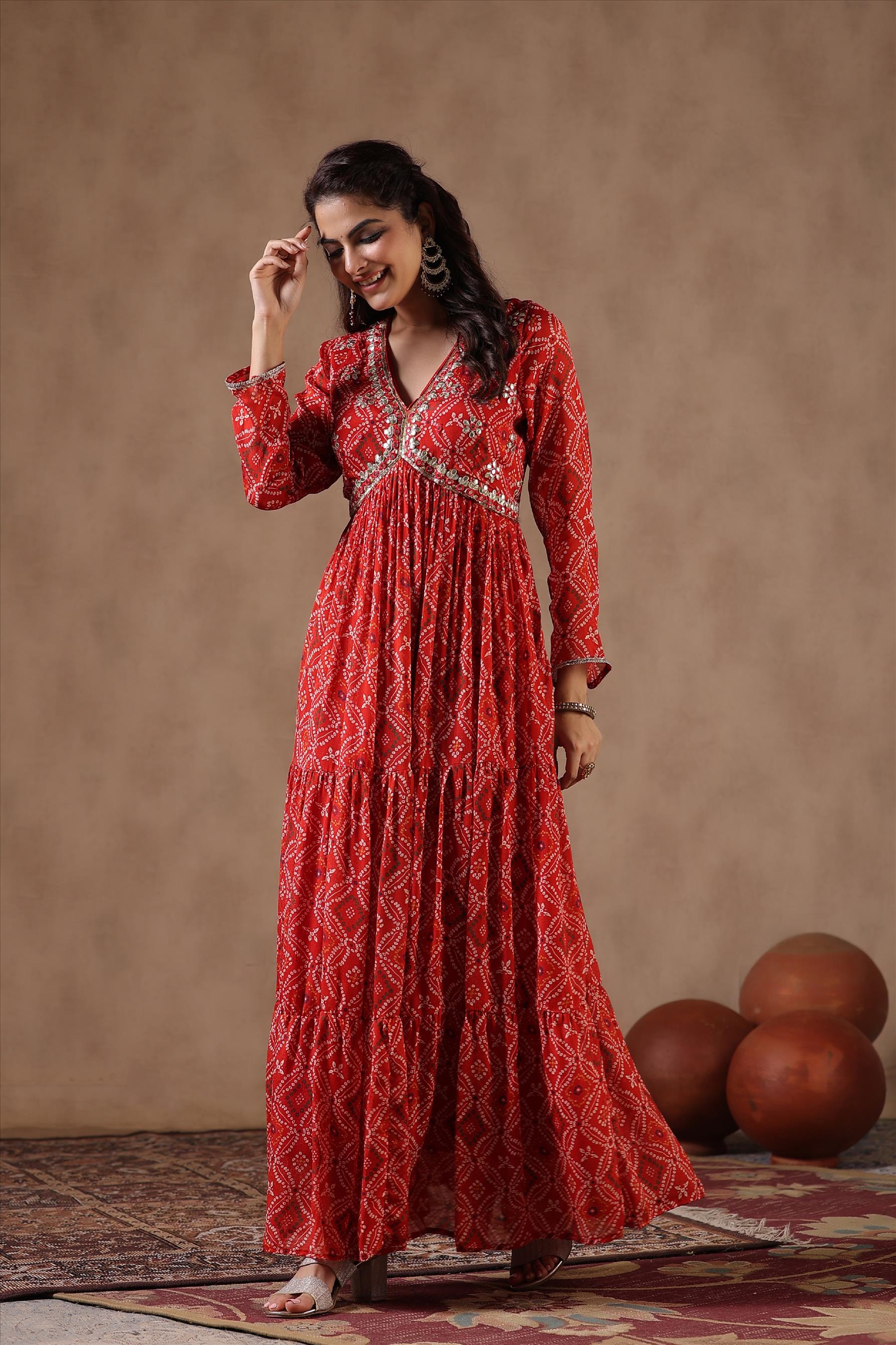 Red Bandhani Printed Chinon Silk Gathered Gown