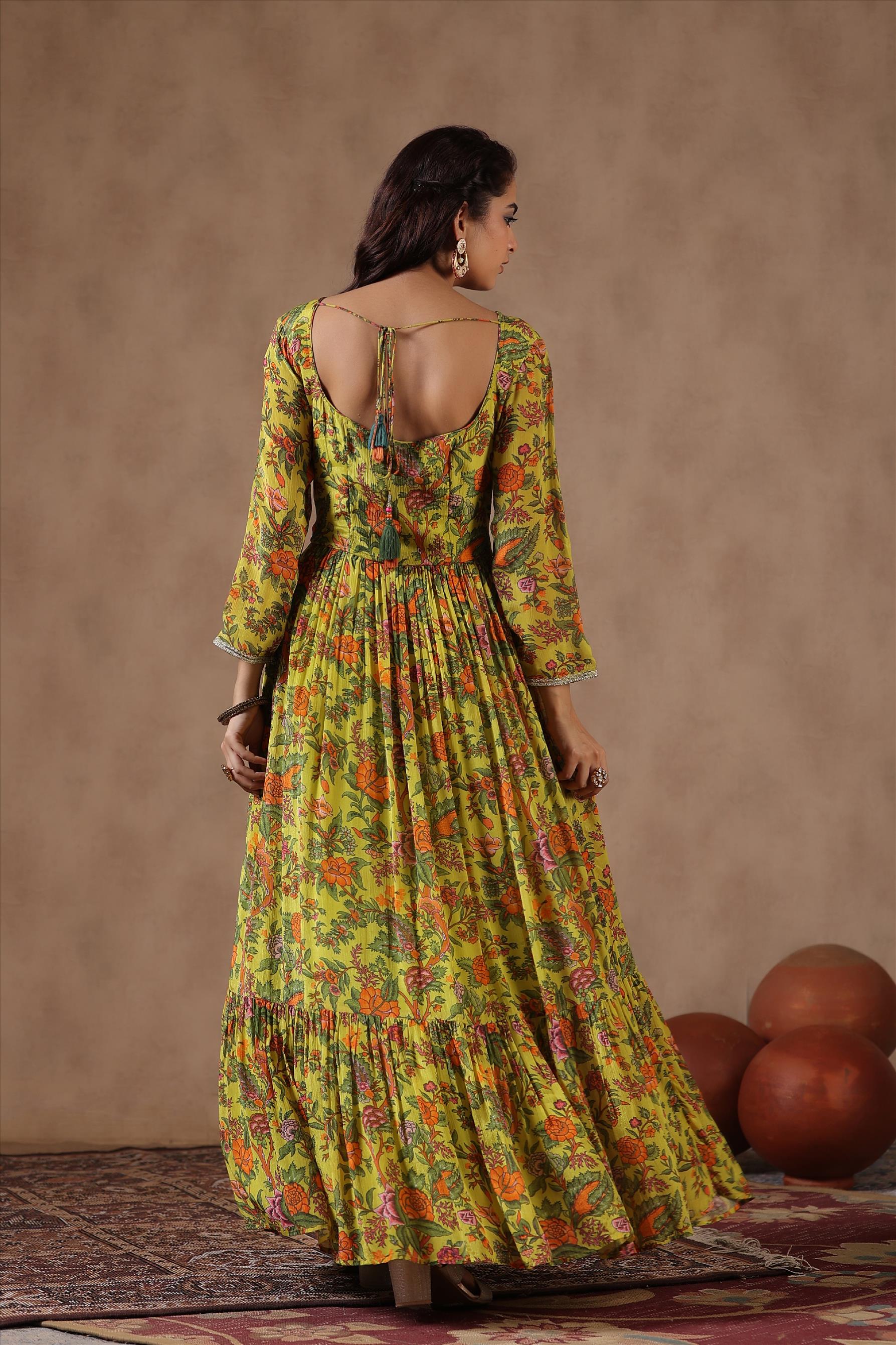 Lemon Floral Printed Chinon Silk Gathered Gown