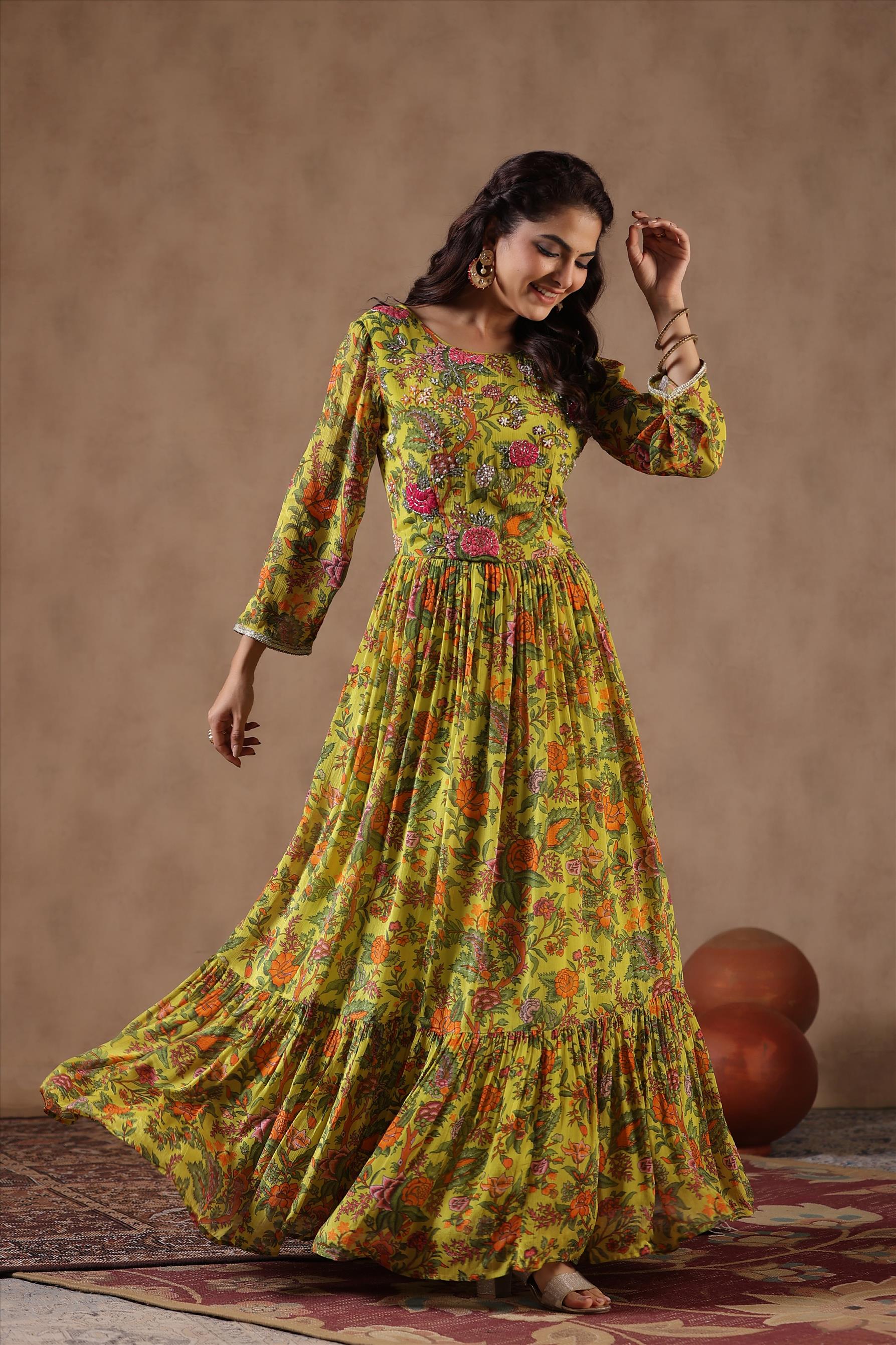 Lemon Floral Printed Chinon Silk Gathered Gown