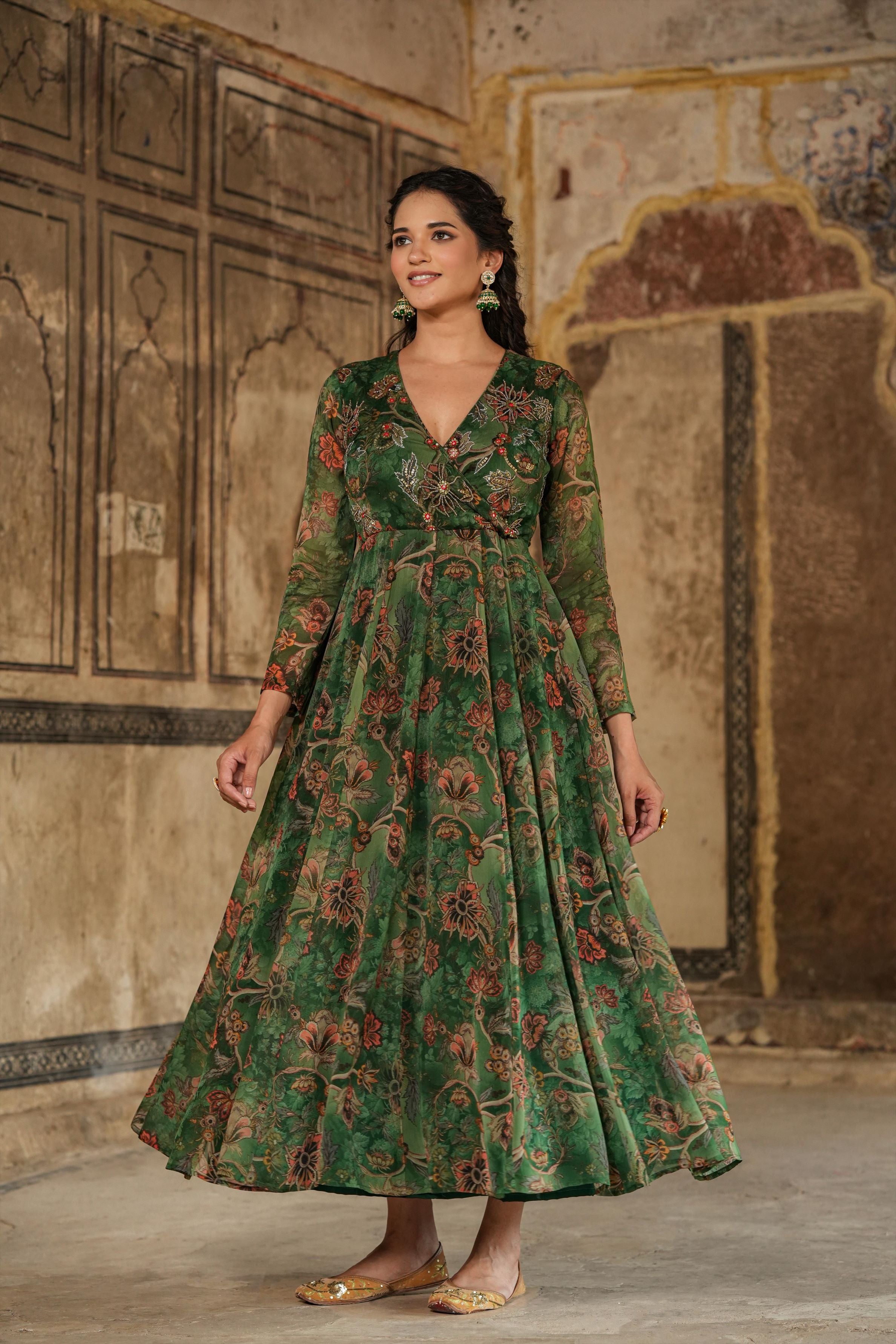 Casual Green Floral Printed Anarkali Suit With Dupatta
