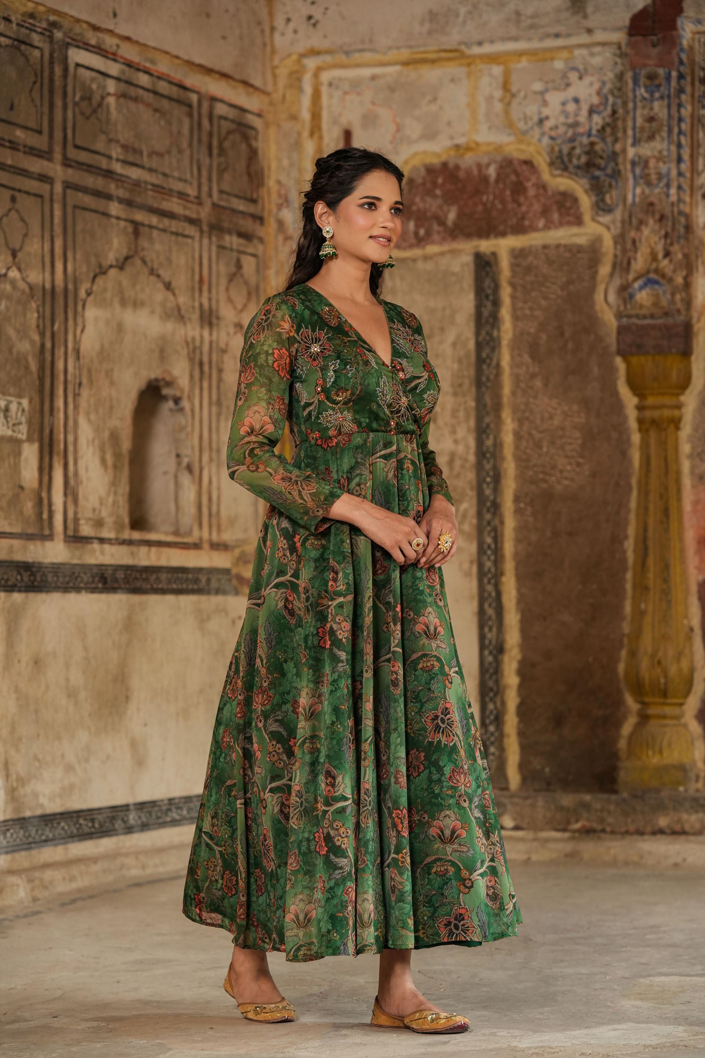 Dark Green Floral Printed Organza Silk Anarkali Gown