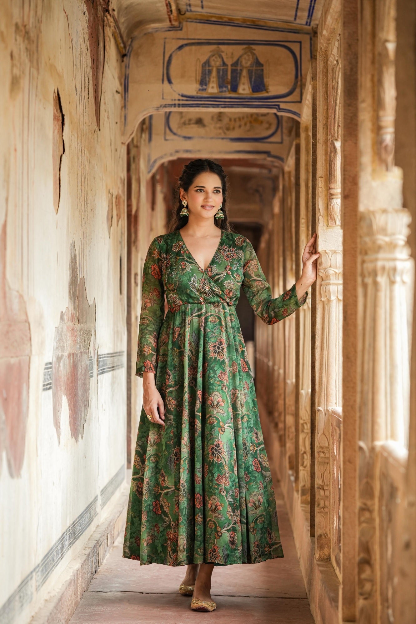 Dark Green Floral Printed Organza Silk Anarkali Gown