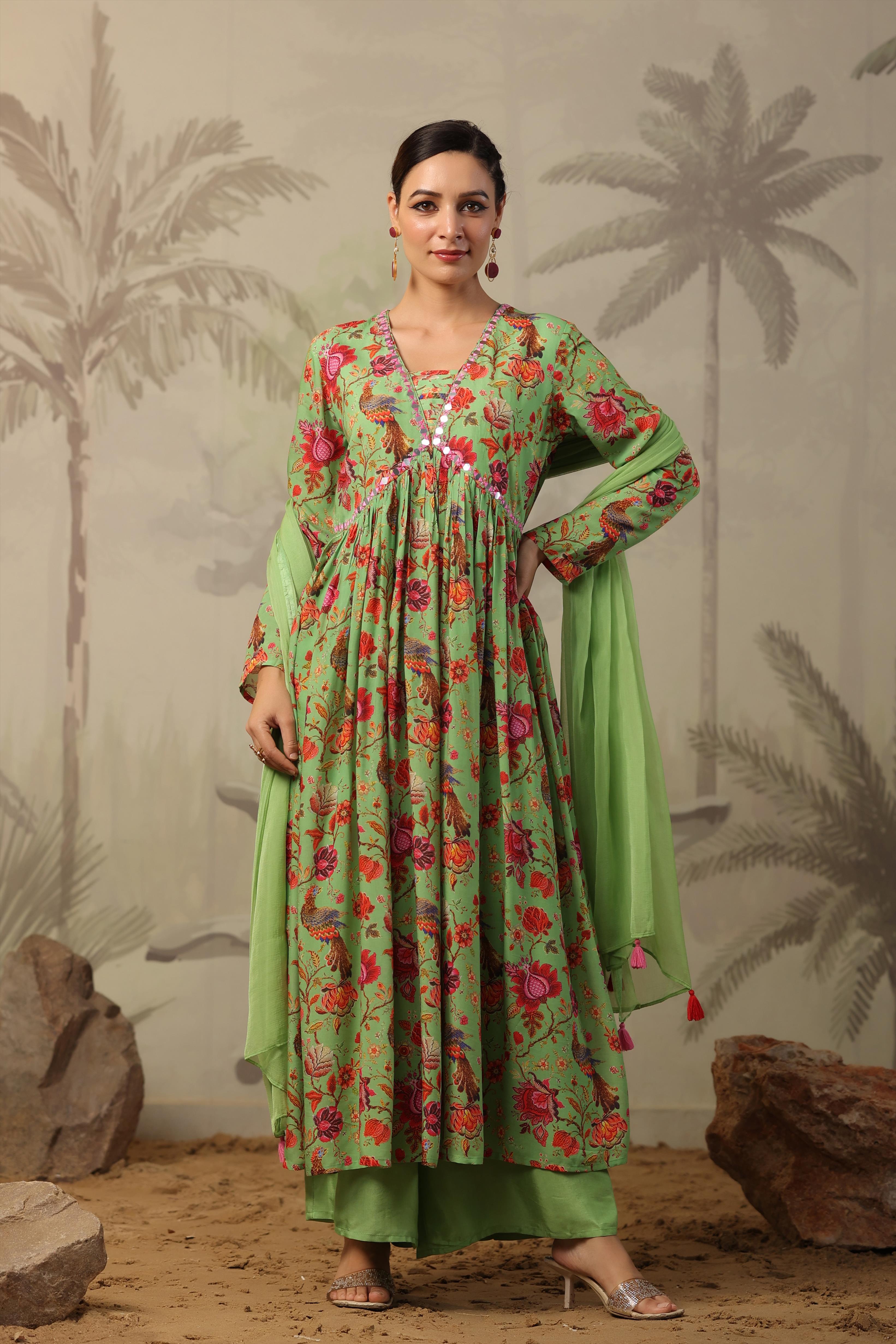 Green Floral Printed Muslin Silk Anarkali Set