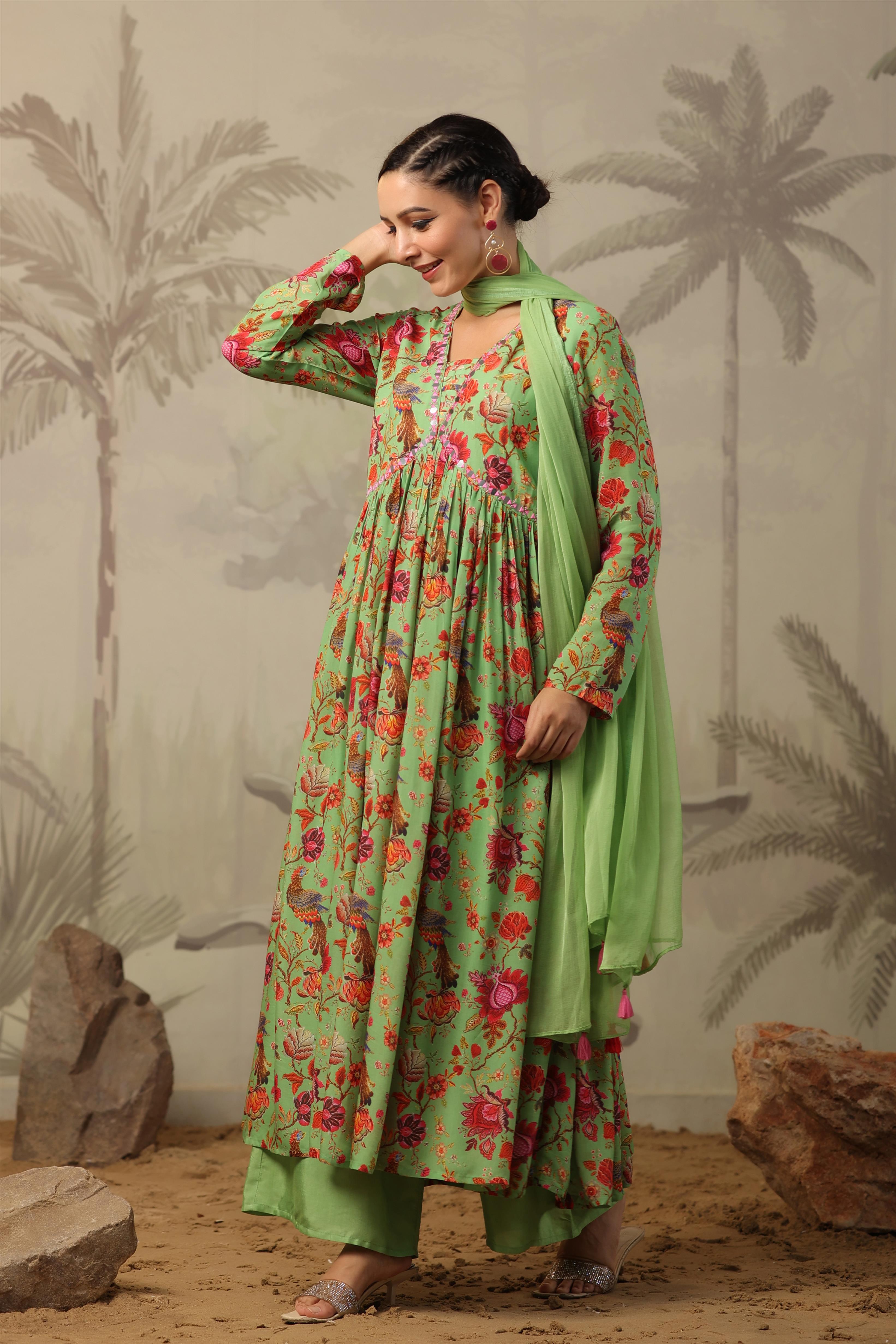 Green Floral Printed Muslin Silk Anarkali Set
