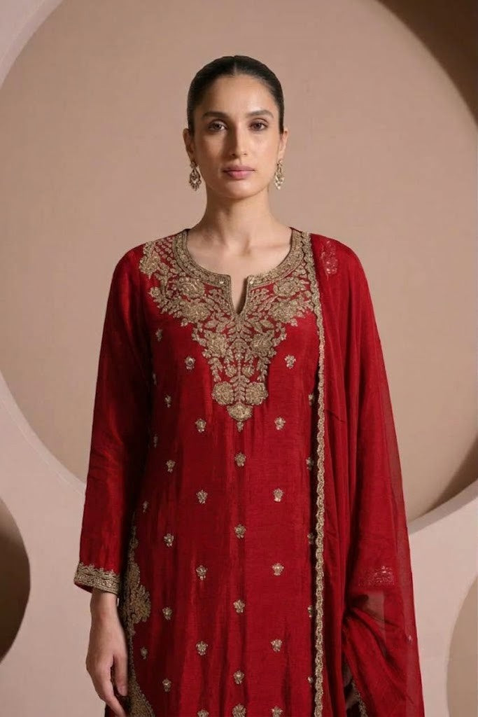 Crimson Red Embellished Chinon Silk Palazzo Set