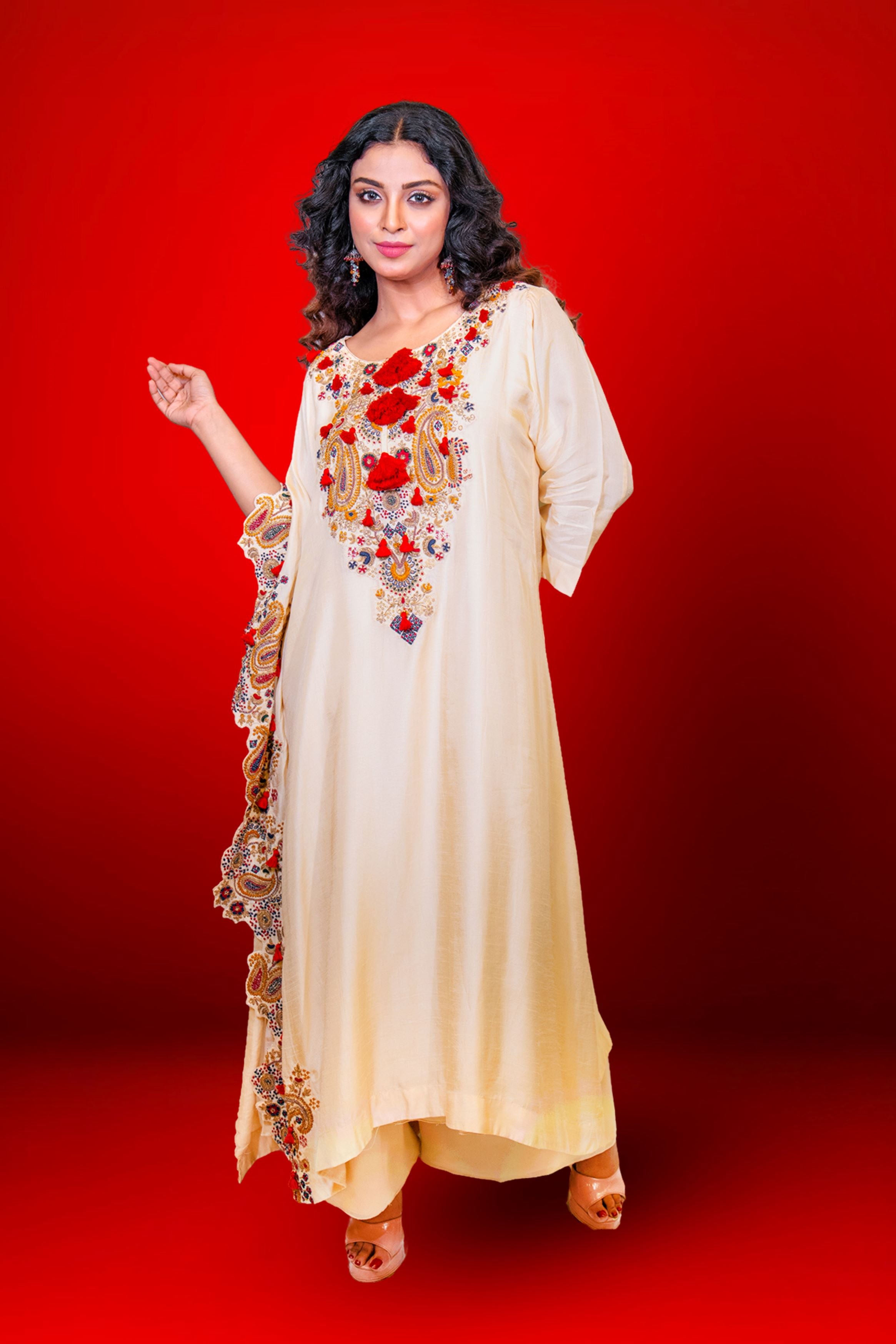 Bright Cream Embellished Chennai Silk Palazzo Set