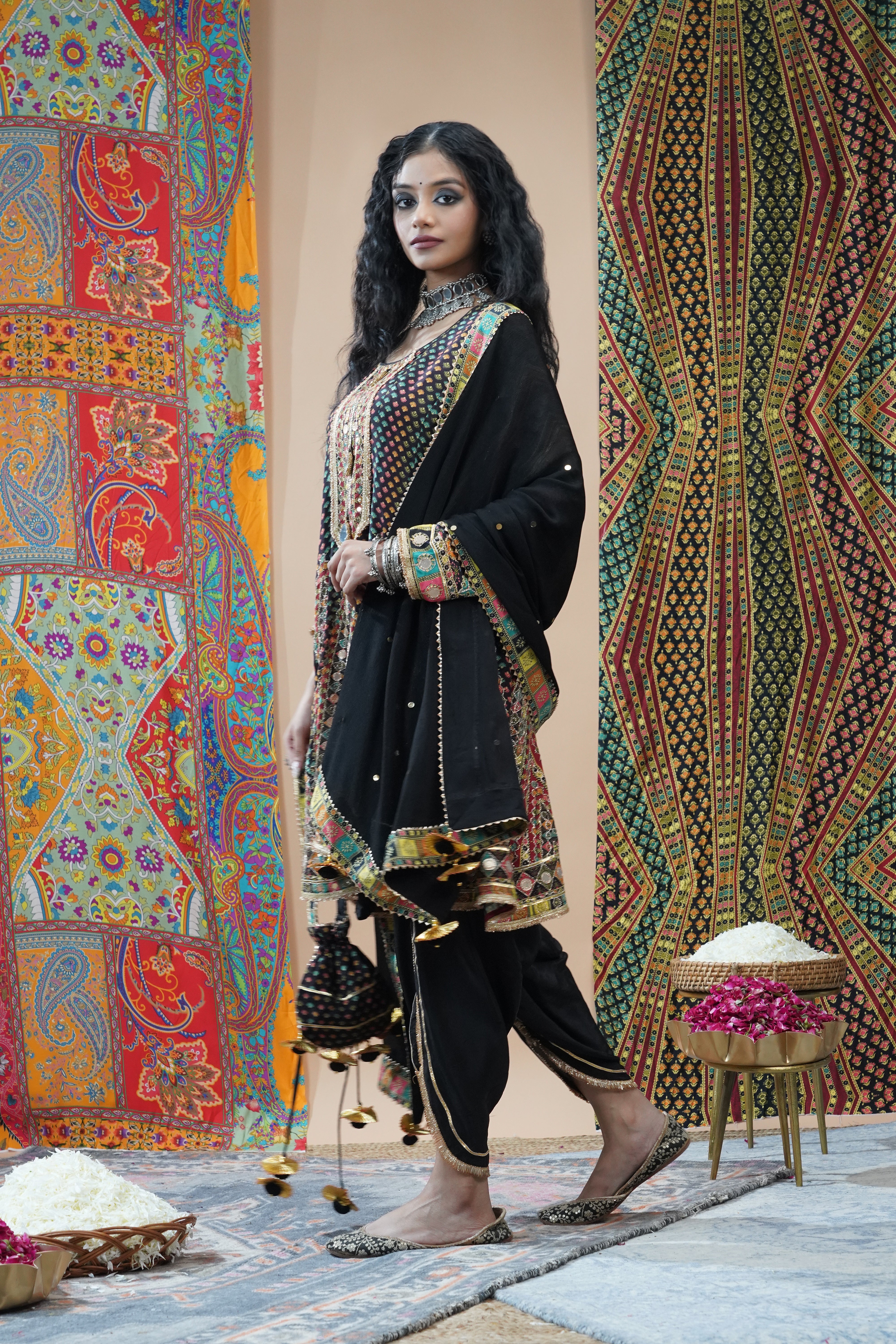 Black Embellished Crepe Silk Dhoti Set