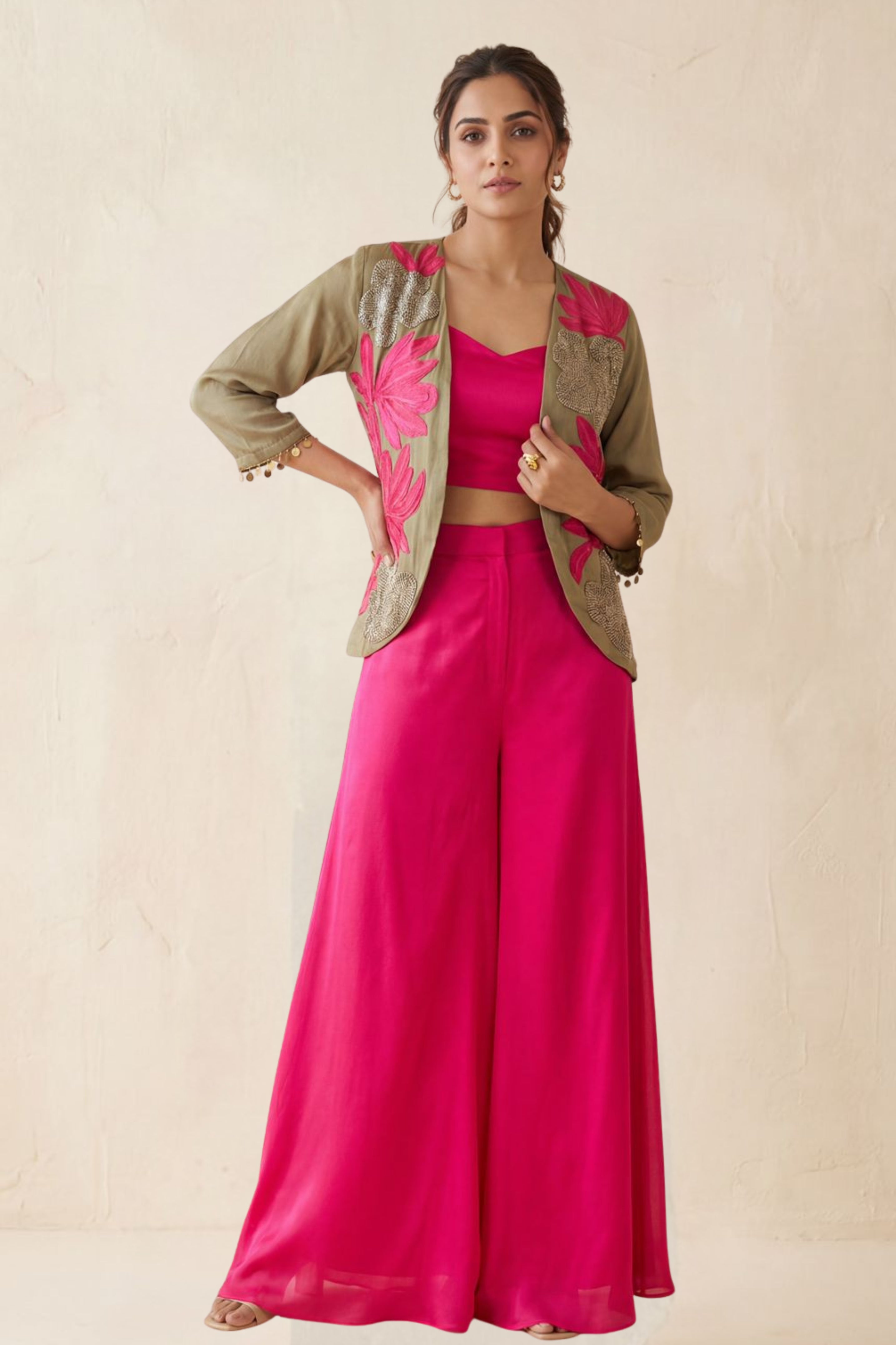 Noor Pink Embroidered Satin Georgette Silk Palazzo Set