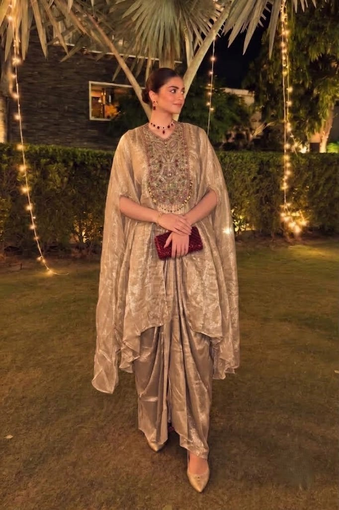 Brown Gold Embellished Shimmer Tissue Silk Skirt Set