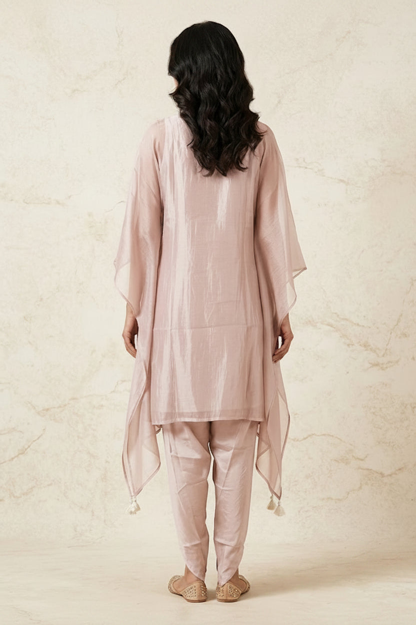 Dusty Pink Embellished Chiffon Silk Kaftan Dhoti Set