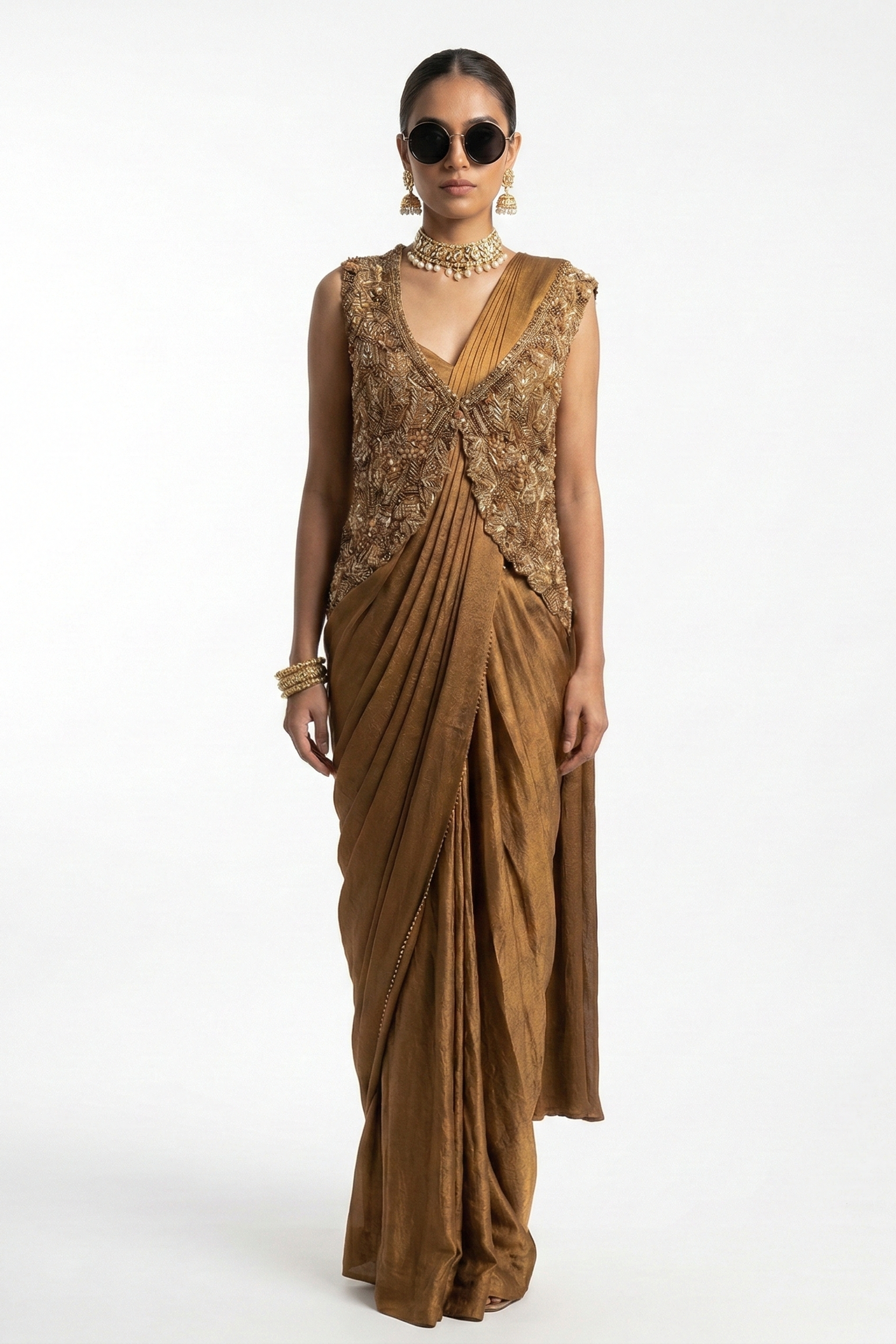 Dusty Gold Embellished Tissue Silk Draped Saree