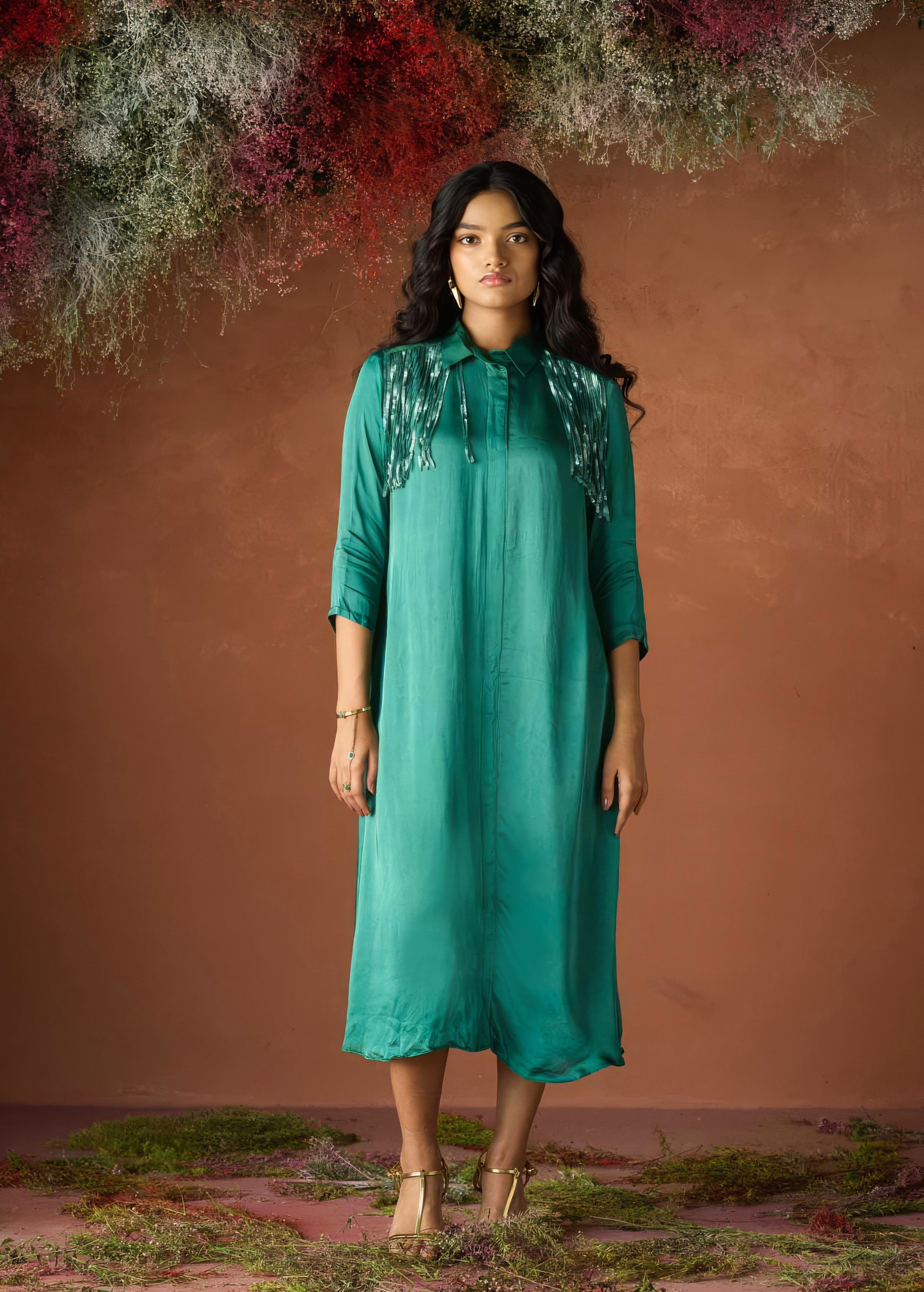 Ocean Teal Embellished Satin Silk Dress