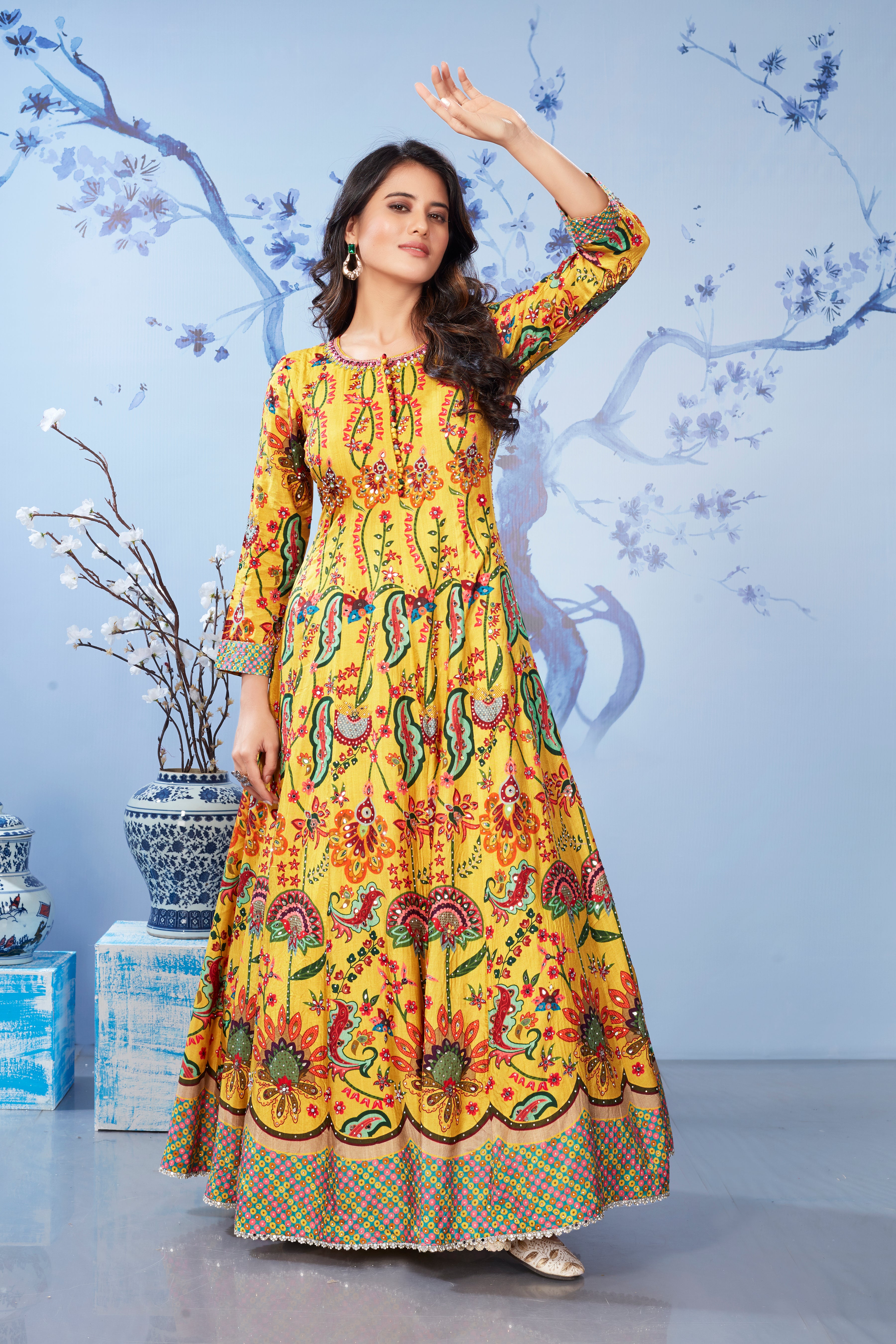 Yellow Floral Printed Premium Silk Gown