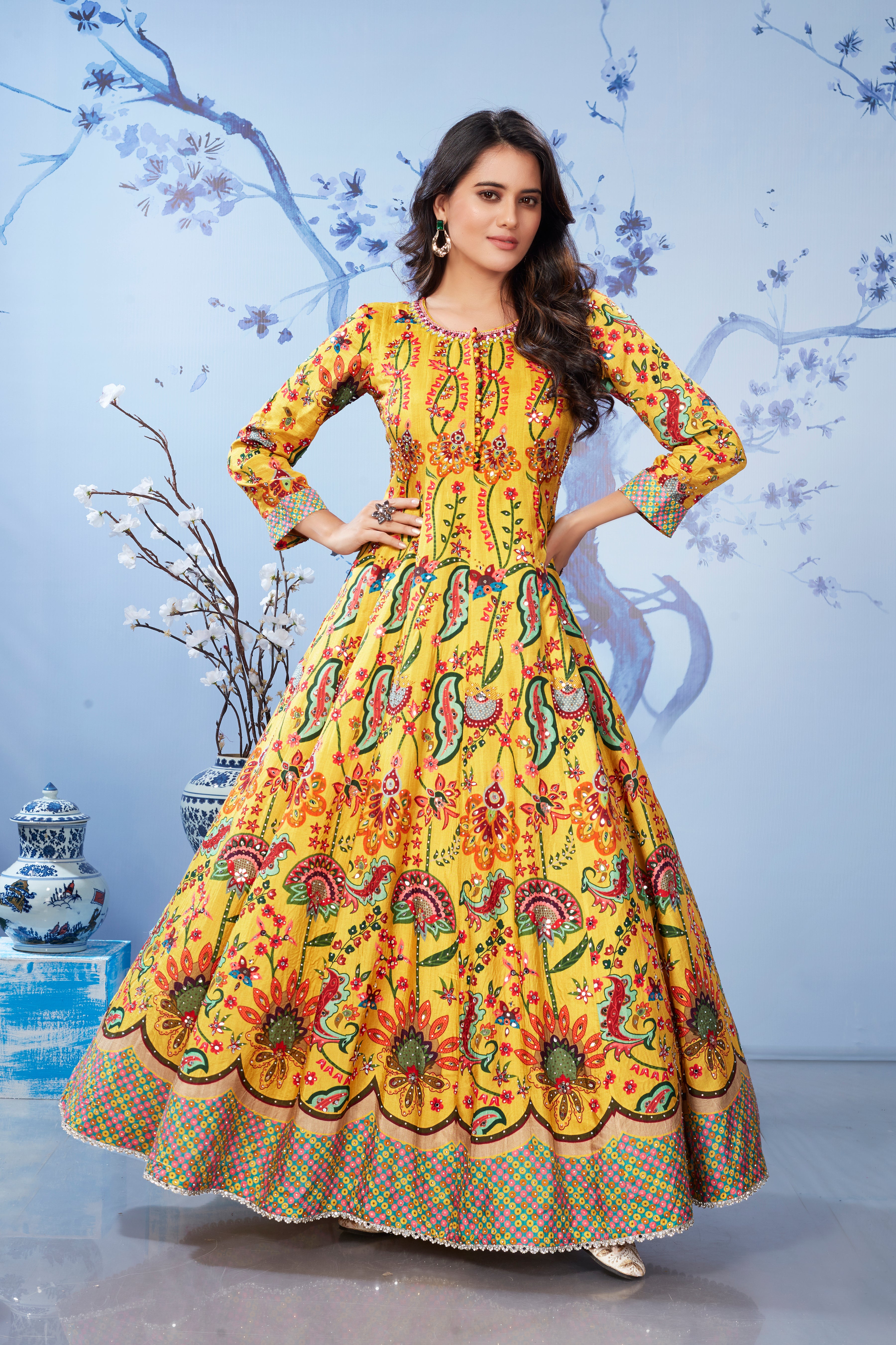 Yellow Floral Printed Premium Silk Gown