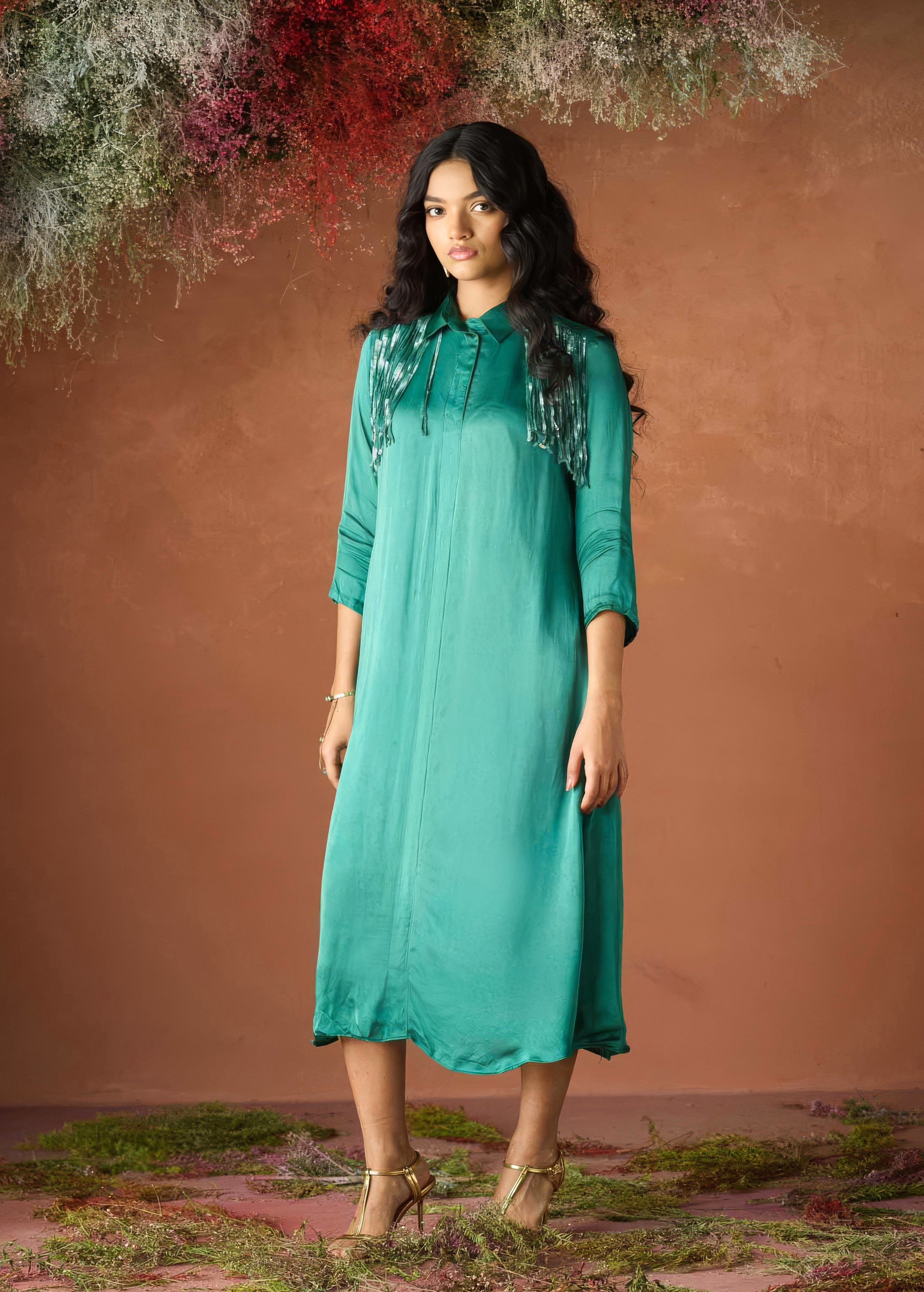 Ocean Teal Embellished Satin Silk Dress