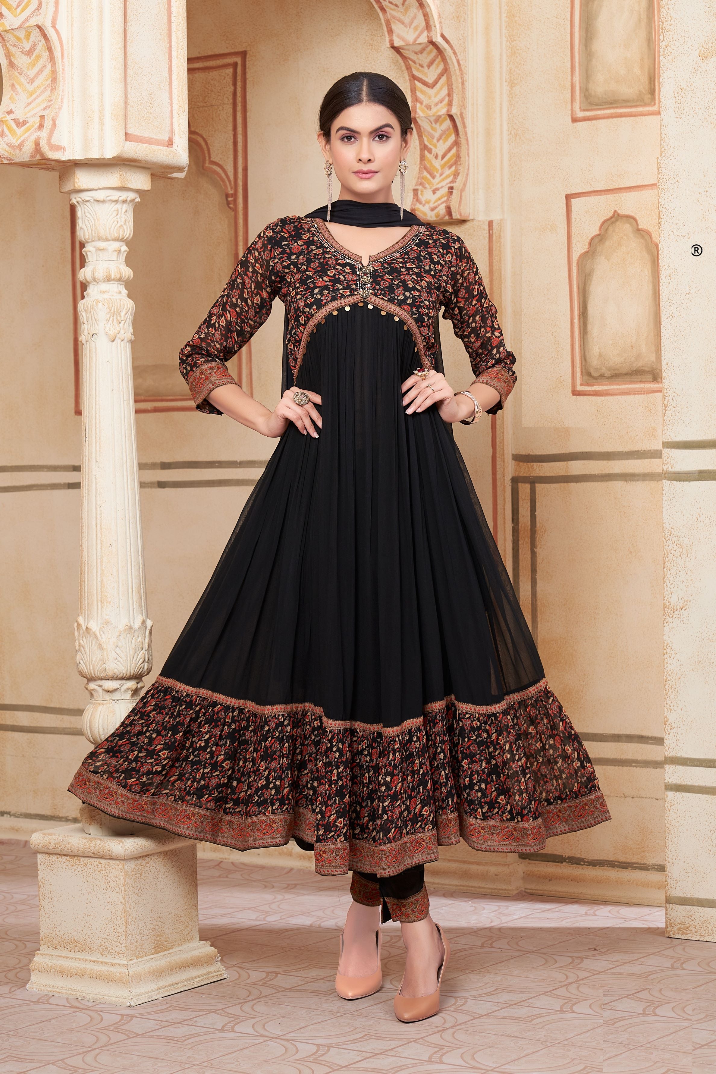 Black Ethnic Printed Georgette Silk Anarkali Set