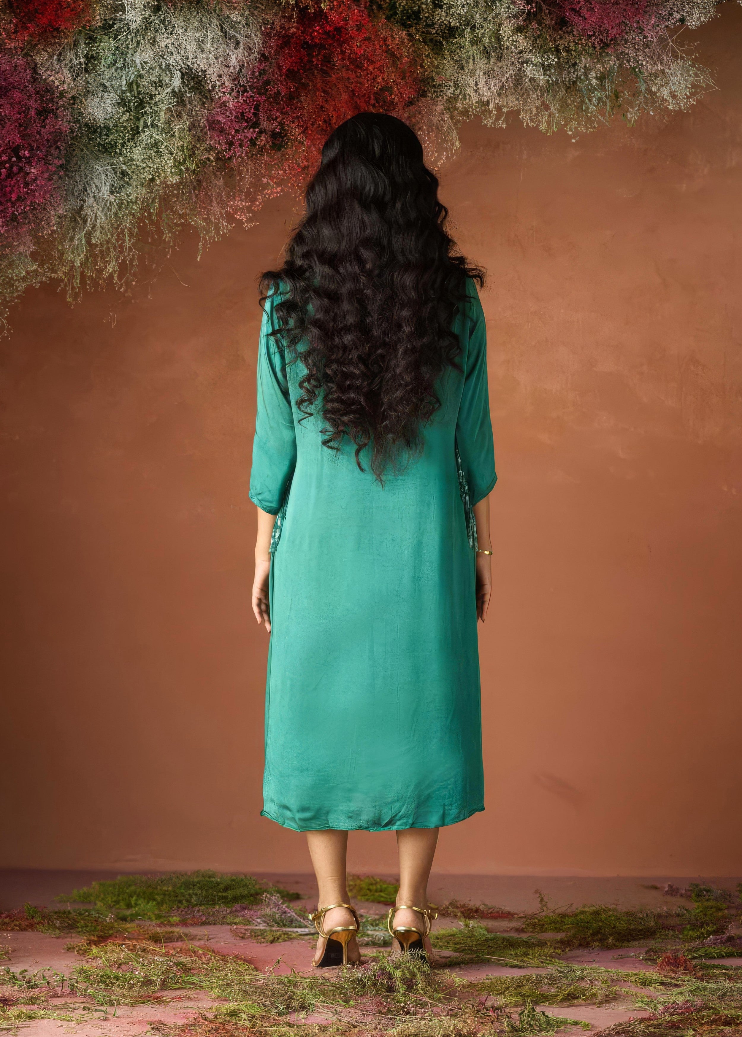 Ocean Teal Embellished Satin Silk Dress