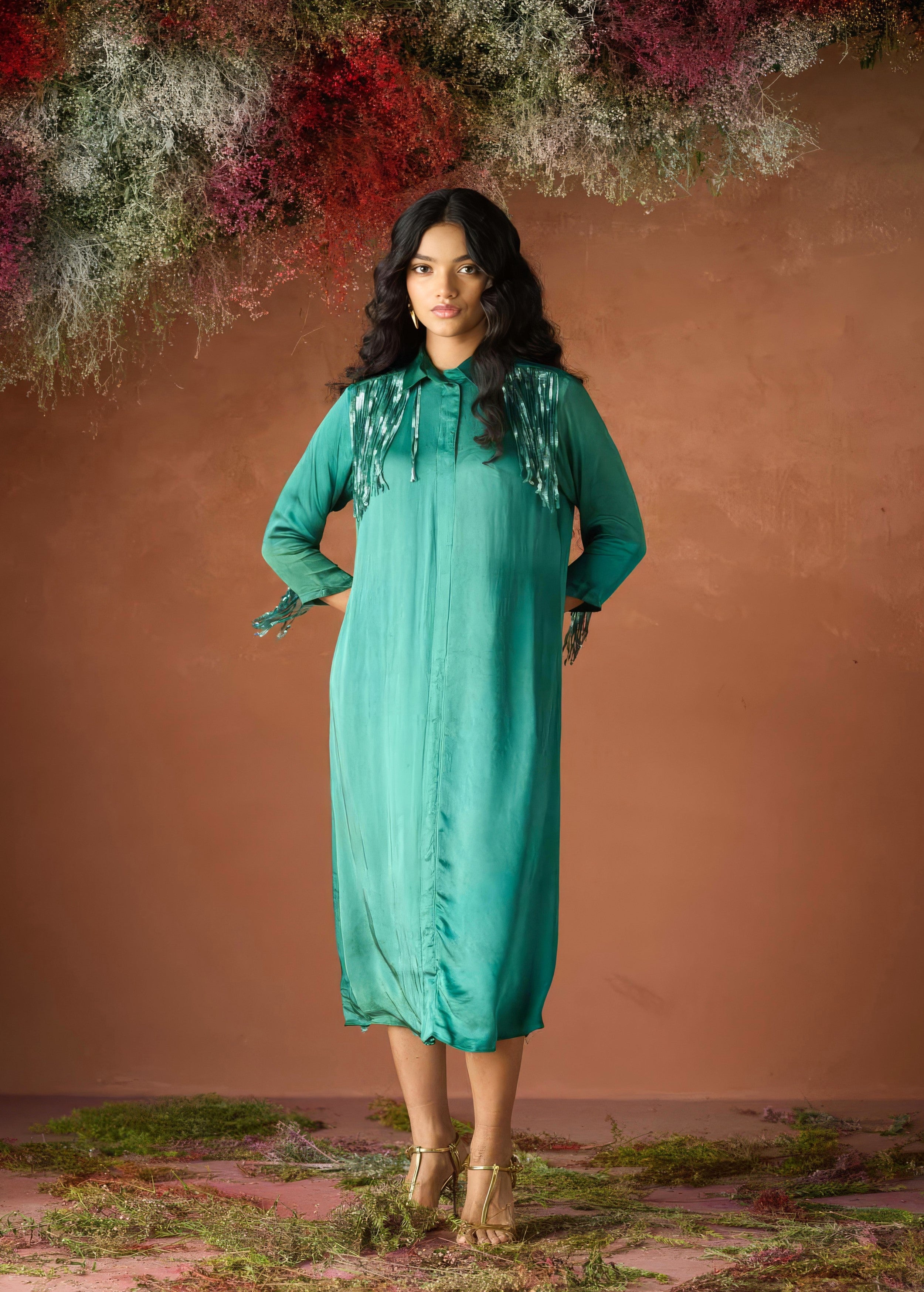 Ocean Teal Embellished Satin Silk Dress