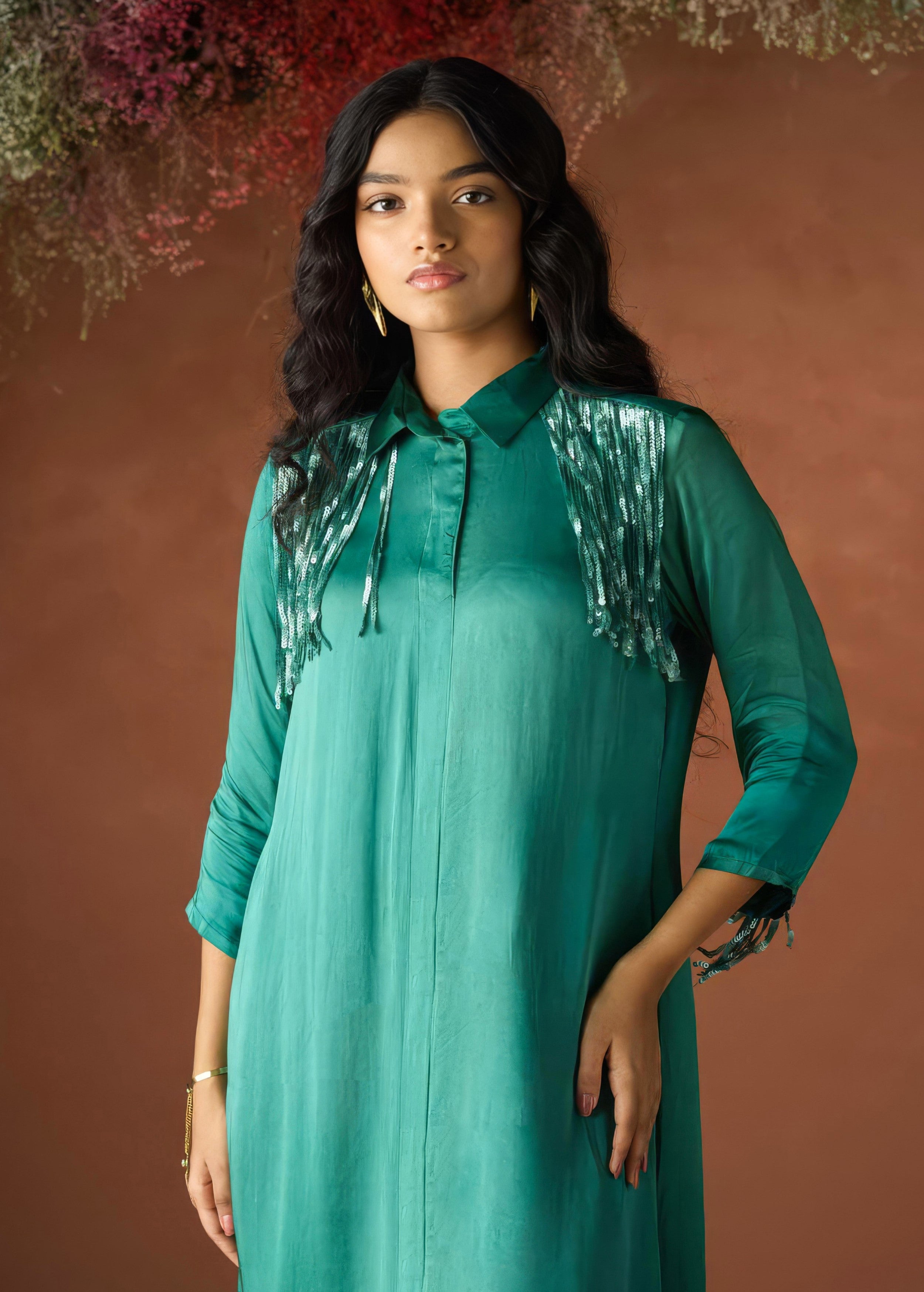 Ocean Teal Embellished Satin Silk Dress