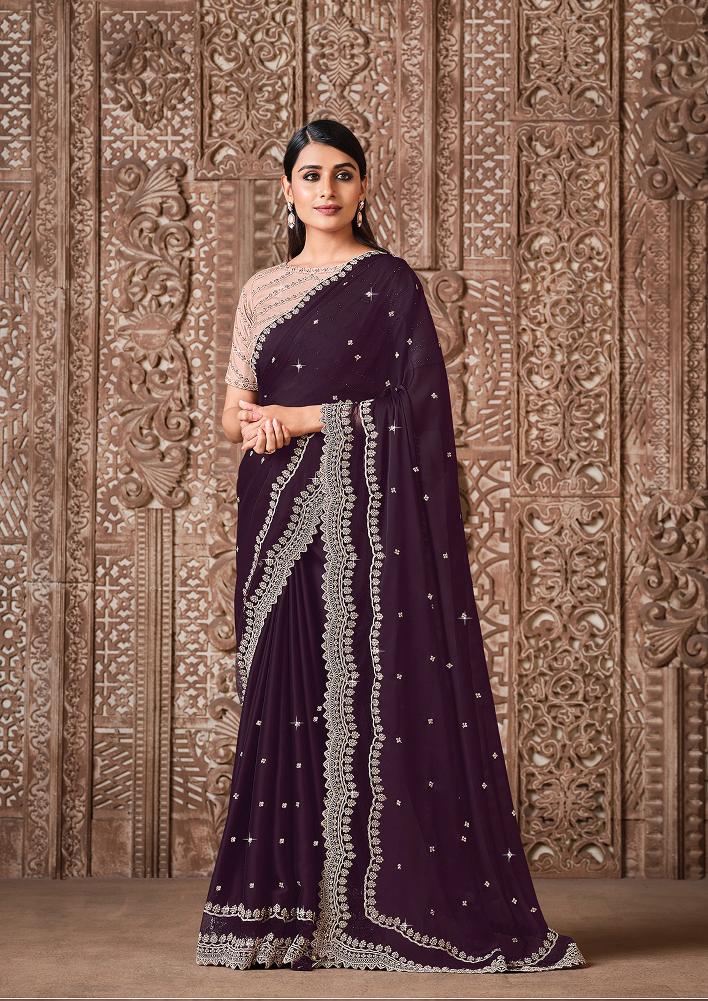Wine Embellished Georgette Silk Saree