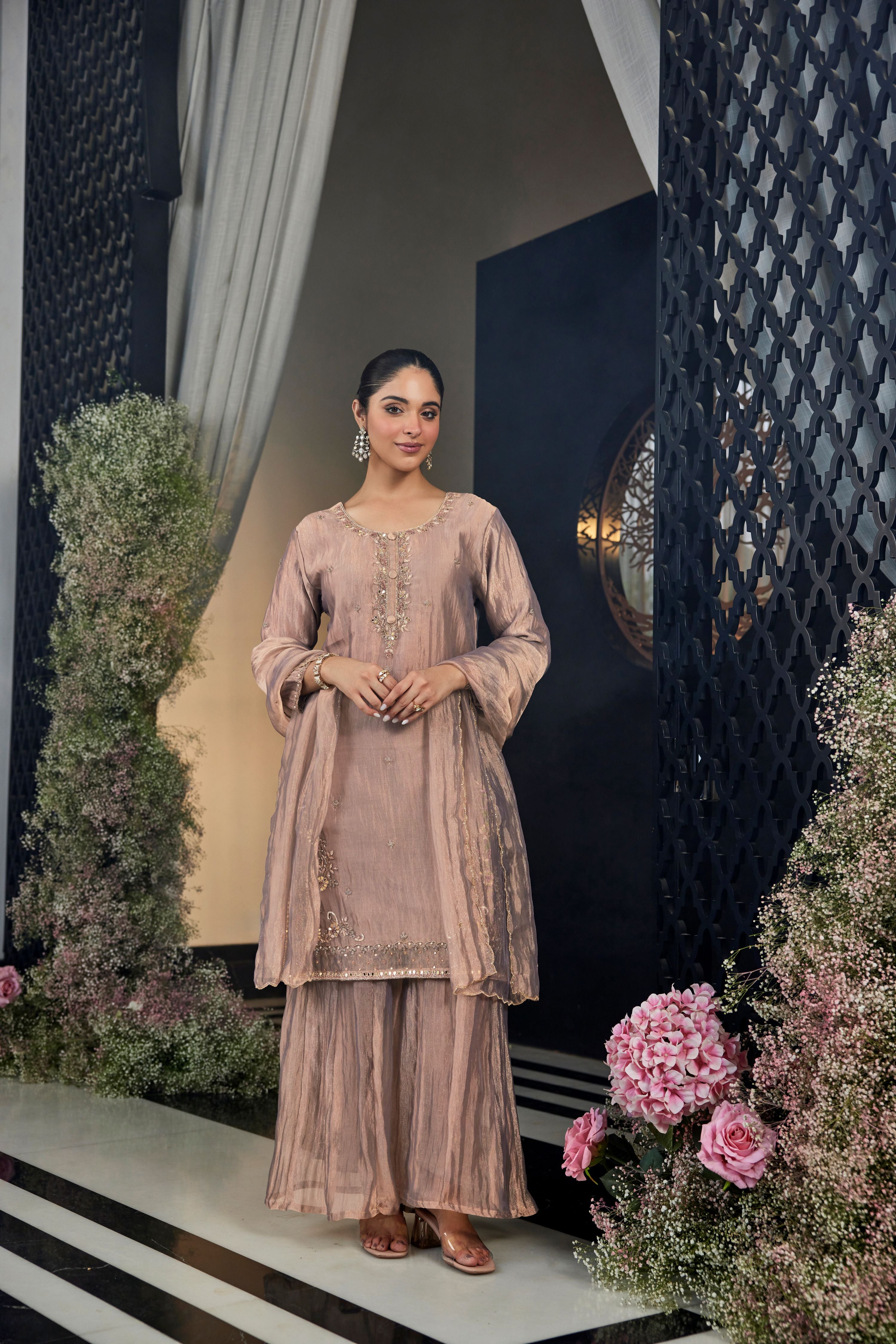 Taupe Embellished Shimmer Tissue Silk Palazzo Set