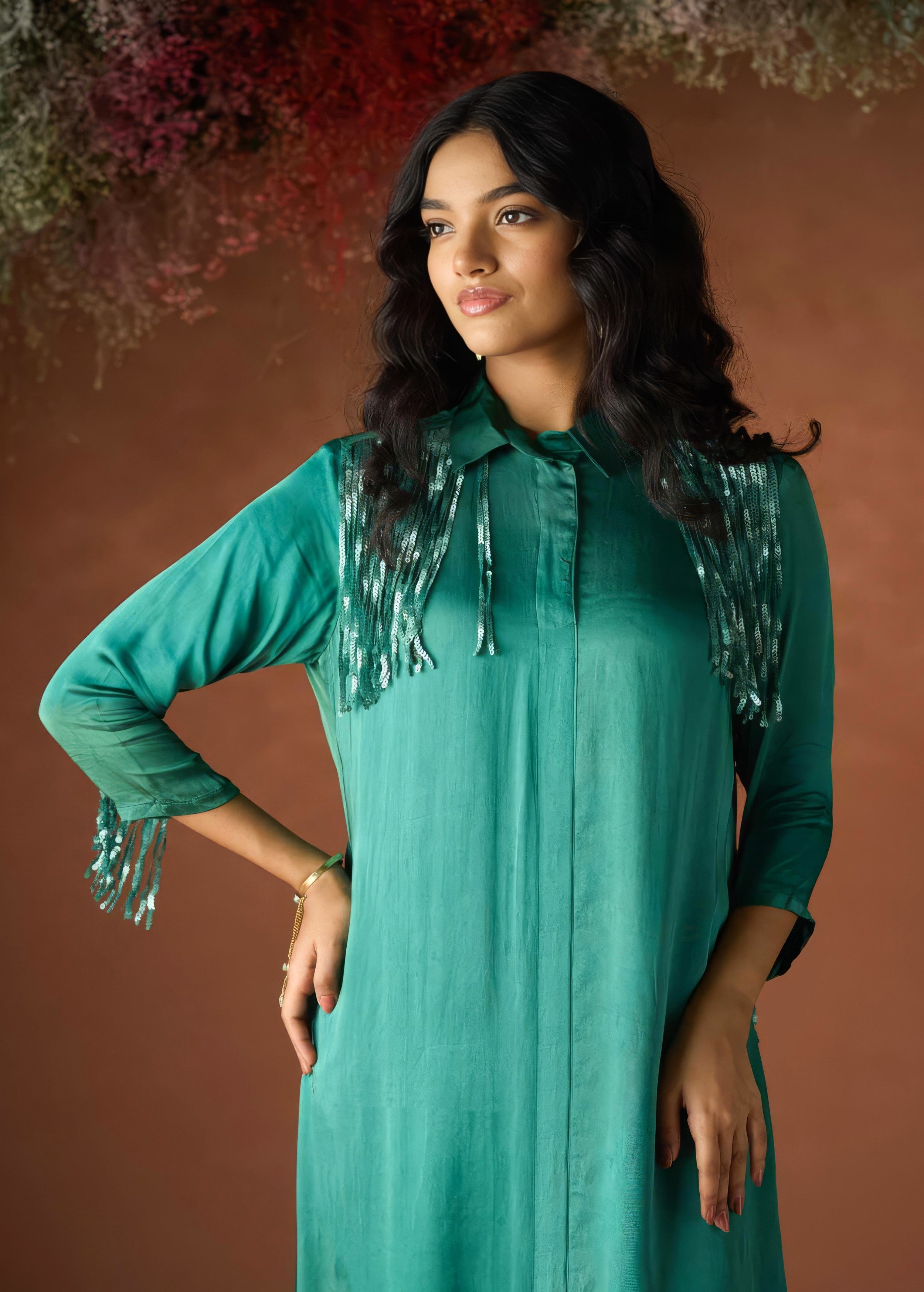 Ocean Teal Embellished Satin Silk Dress