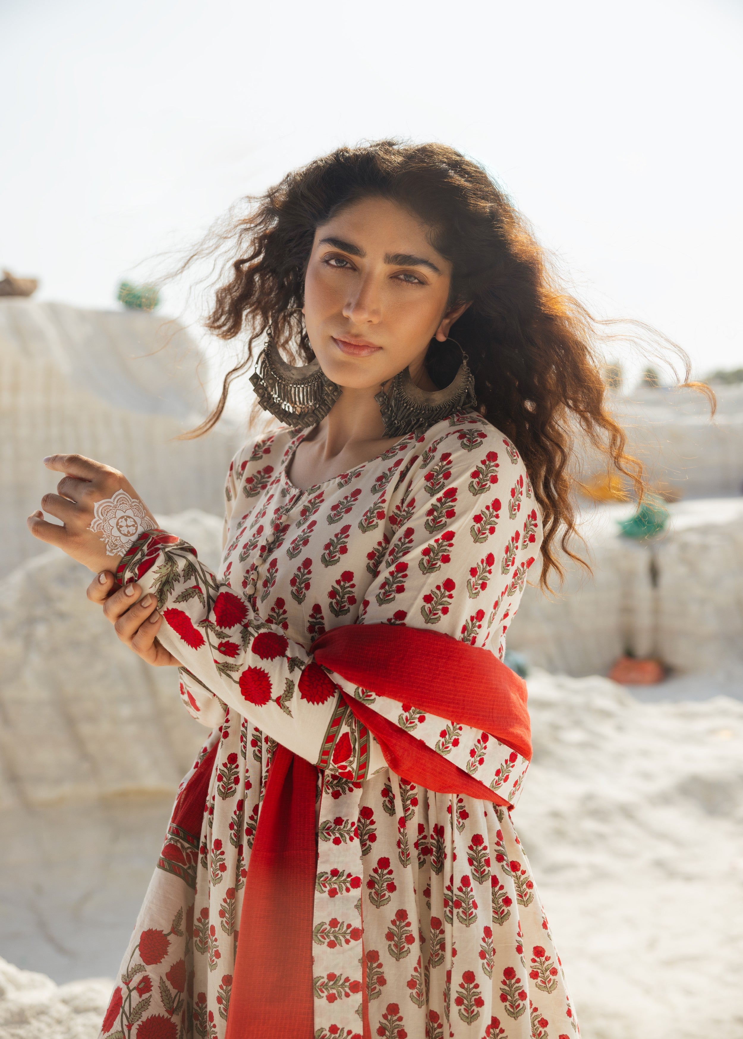 Cream and Red Printed Organic Cotton Anarkali Set