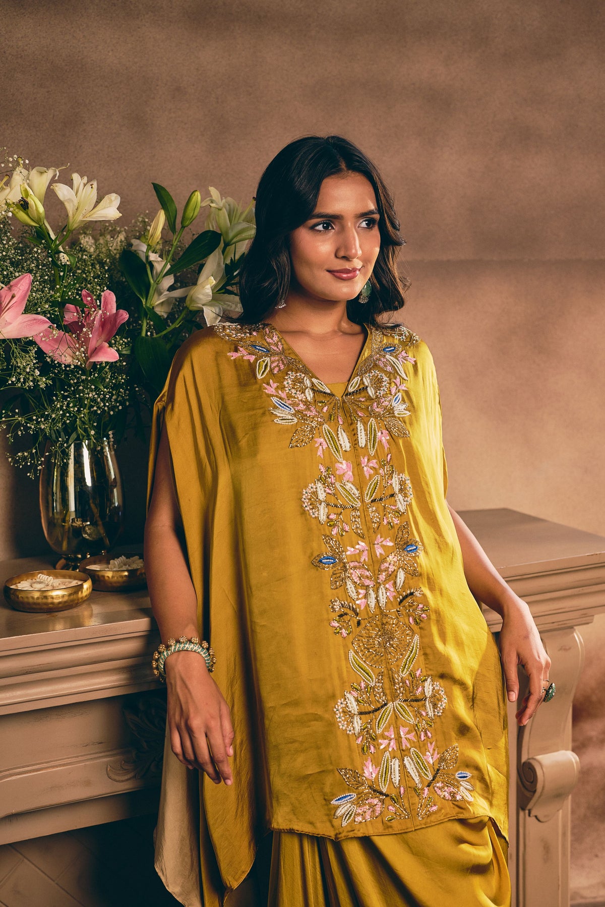Mustard Ochre Embellished Satin Silk Skirt Set