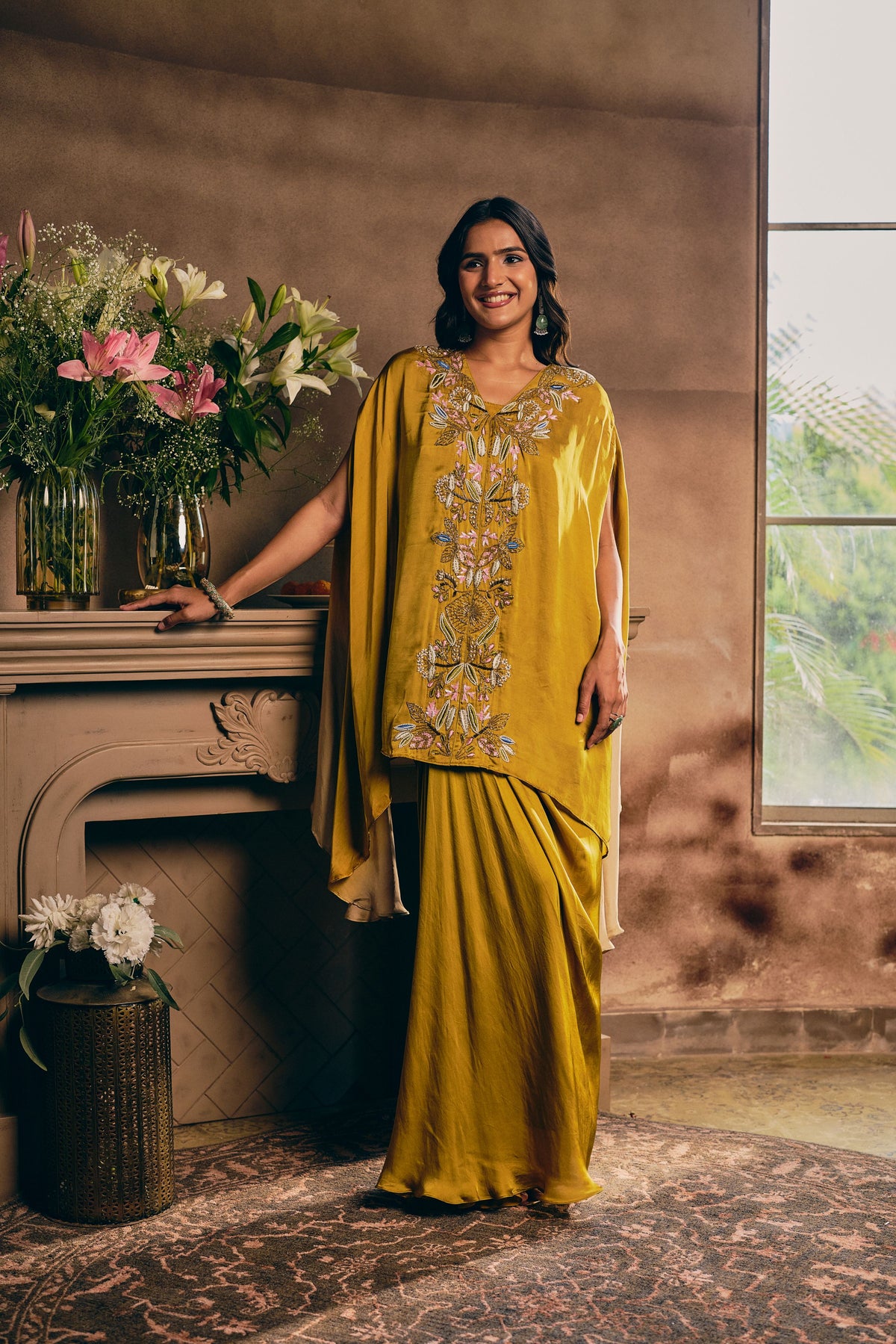 Mustard Ochre Embellished Satin Silk Skirt Set