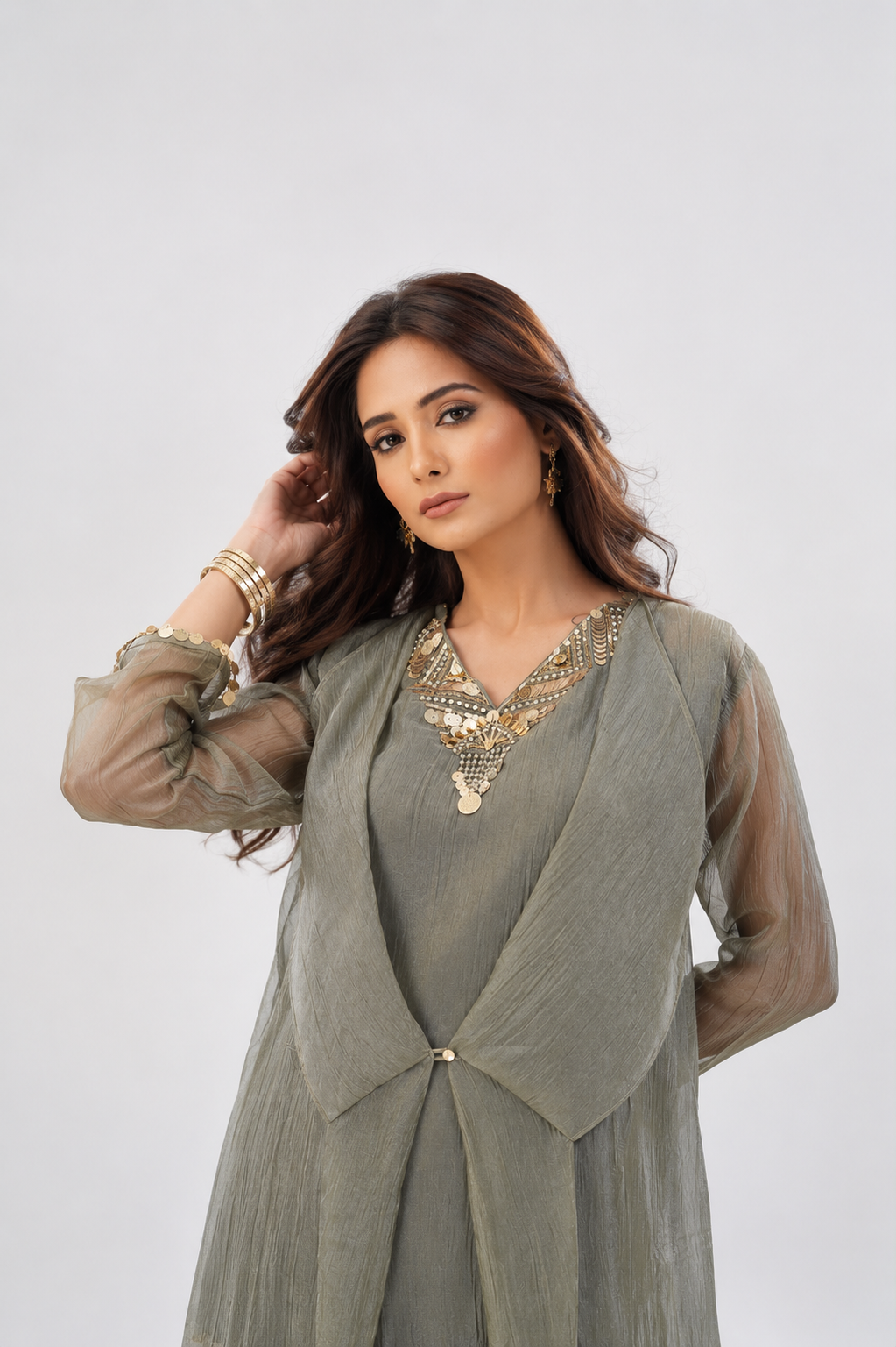 Olive Bloom Embellished Tissue Silk Co-ord Set