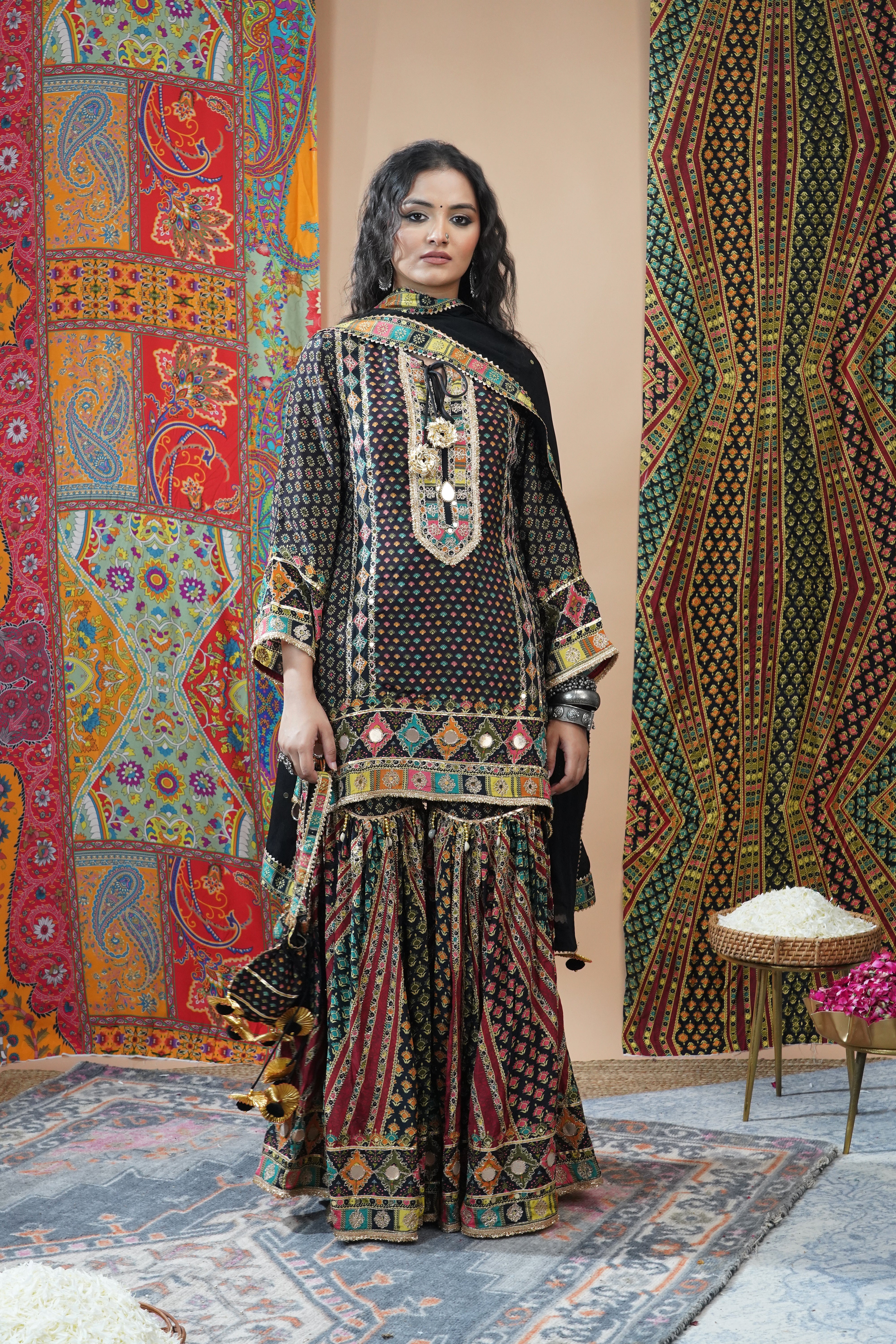 Festive Brown Ethnic Printed Crepe Silk Sharara Set