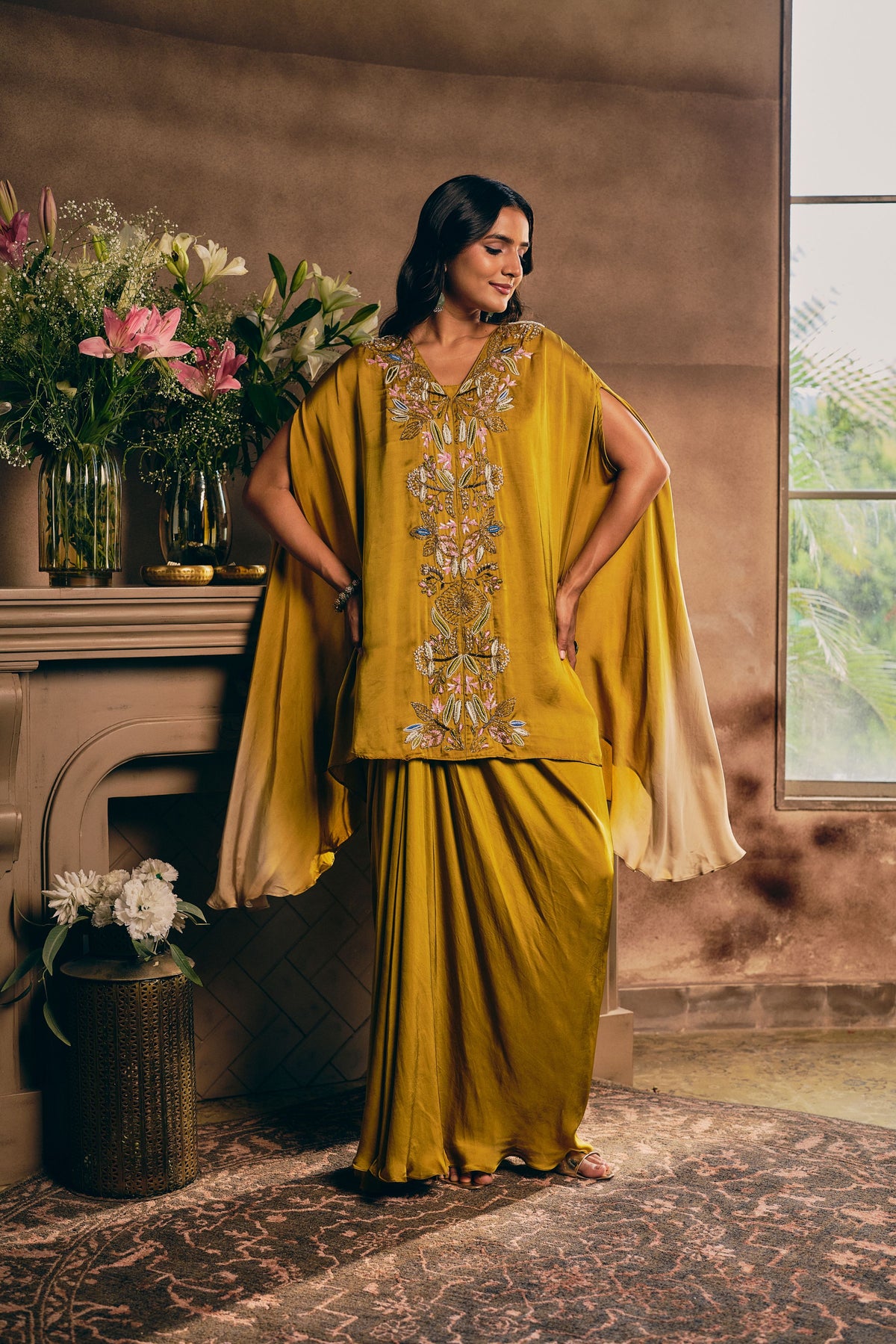 Mustard Ochre Embellished Satin Silk Skirt Set