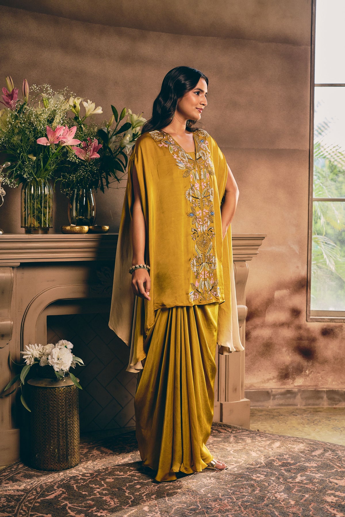 Mustard Ochre Embellished Satin Silk Skirt Set
